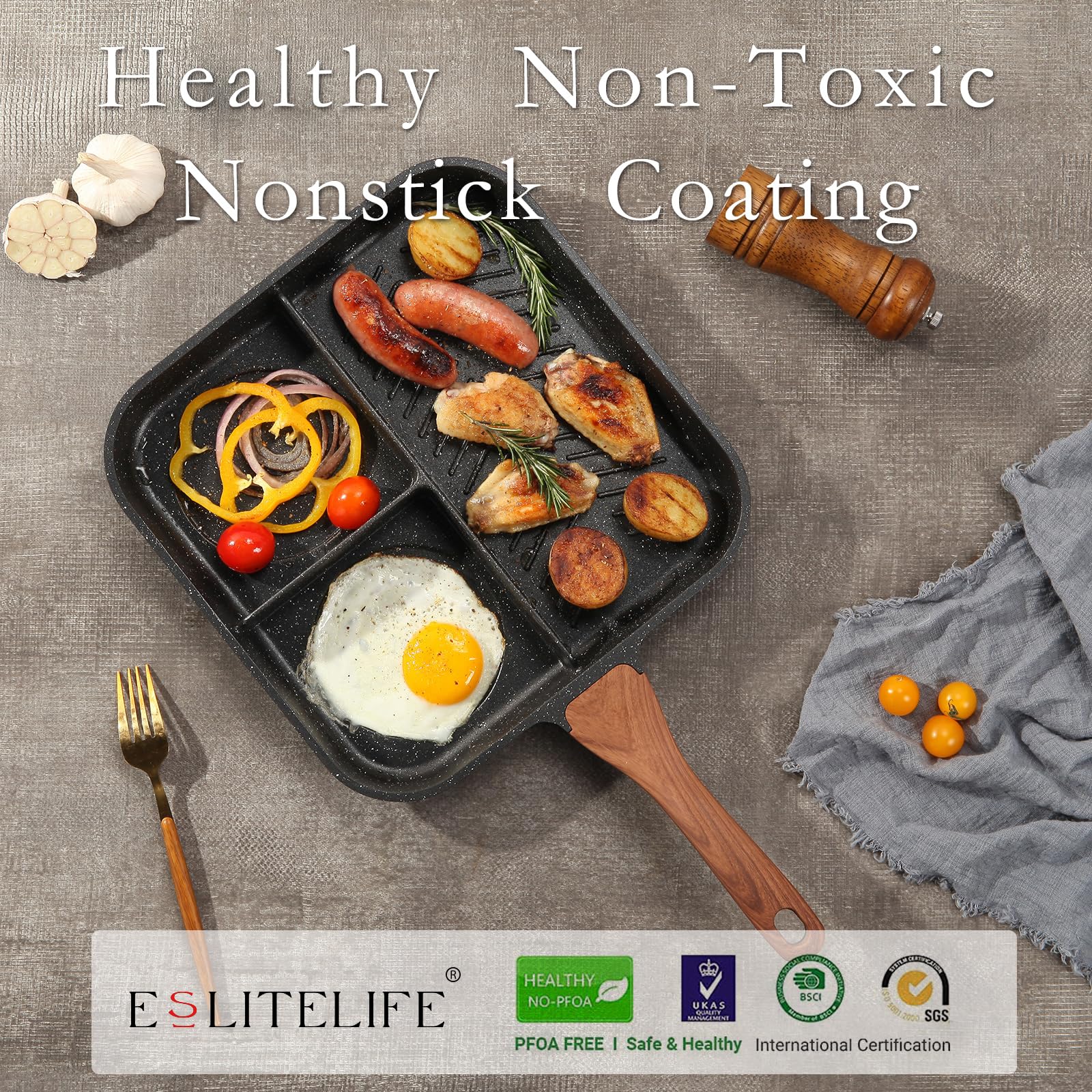 ESLITE LIFE Nonstick Divided Grill Pan for Stove Tops  11 Inch 3-Section Granite Coating Breakfast Grilling Skillet  Compatible with Gas  Electric & Induction  PFOA Free  Black