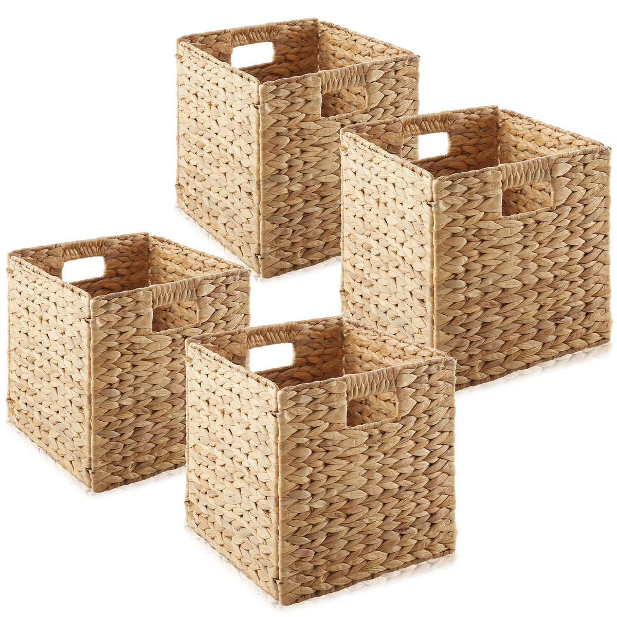 Casafield 10.5'' X 10.5'' Water Hyacinth Storage Baskets, Natural - Set Of 4 Collapsible Cube Organizers, Woven Bins For Bathroo