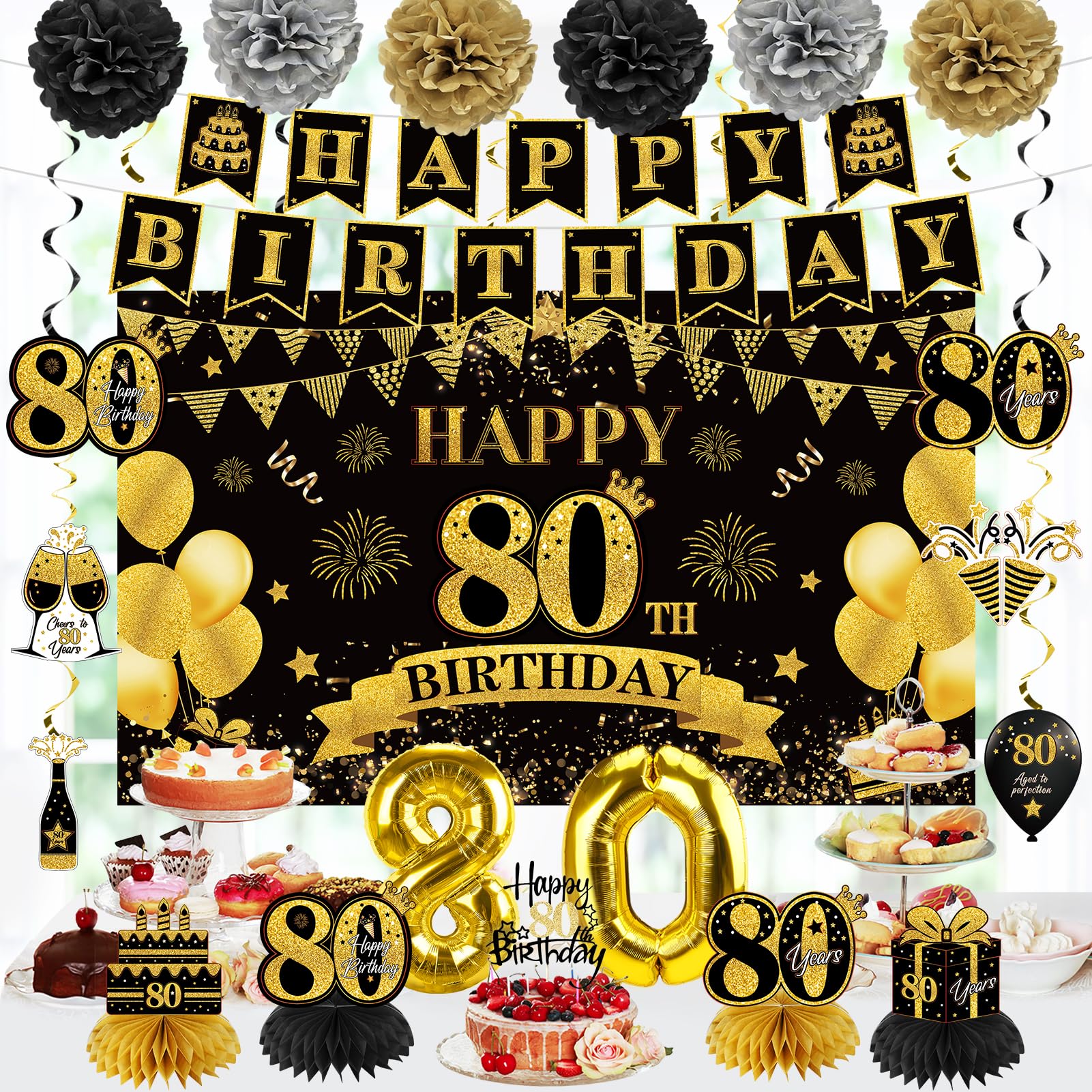Eucutur 42Pcs 80Th Birthday Decoration Kit For Men Women, Black Gold Happy 80Th Bday Banner Balloons Honeycomb Centerpiece Swirl