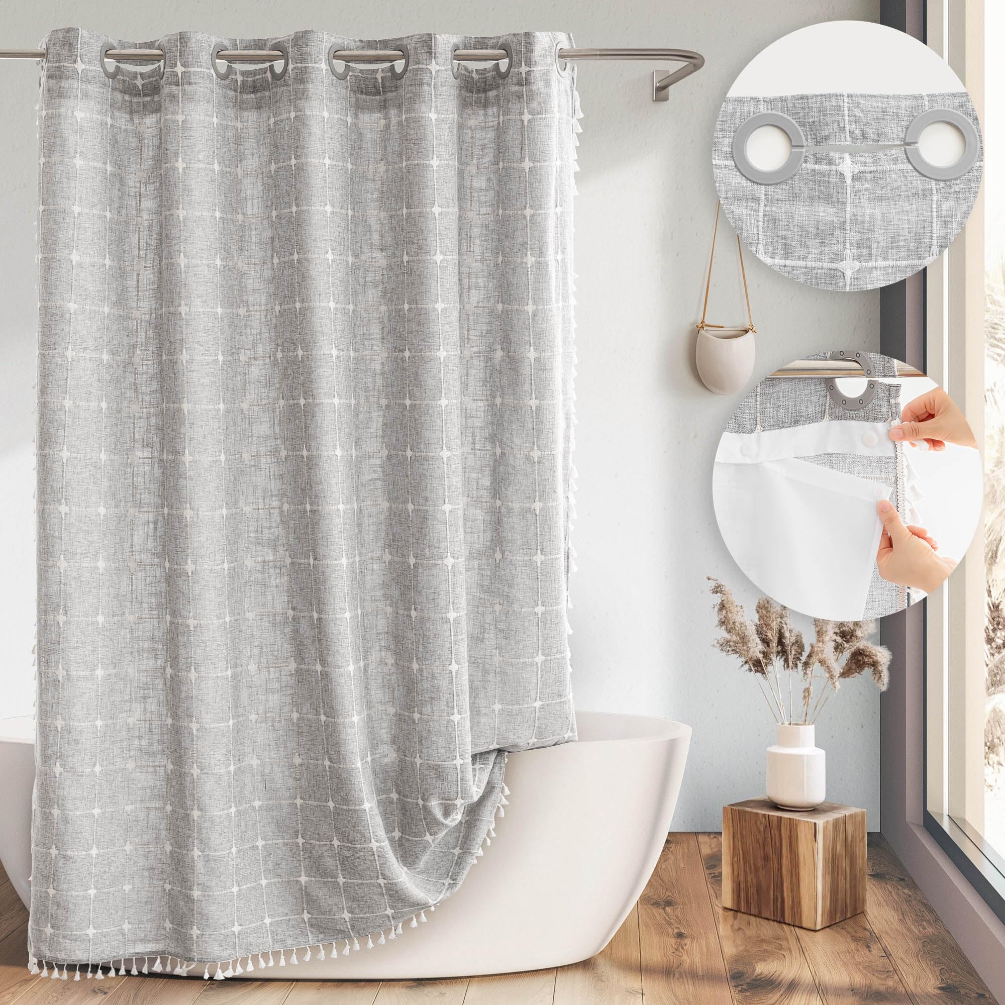 Farmhouse Shower Curtain With Snap-In Liner,No Hooks Needed,Boho Fabric Shower Curtains With Tassels For Rustic Neutral Bathroom