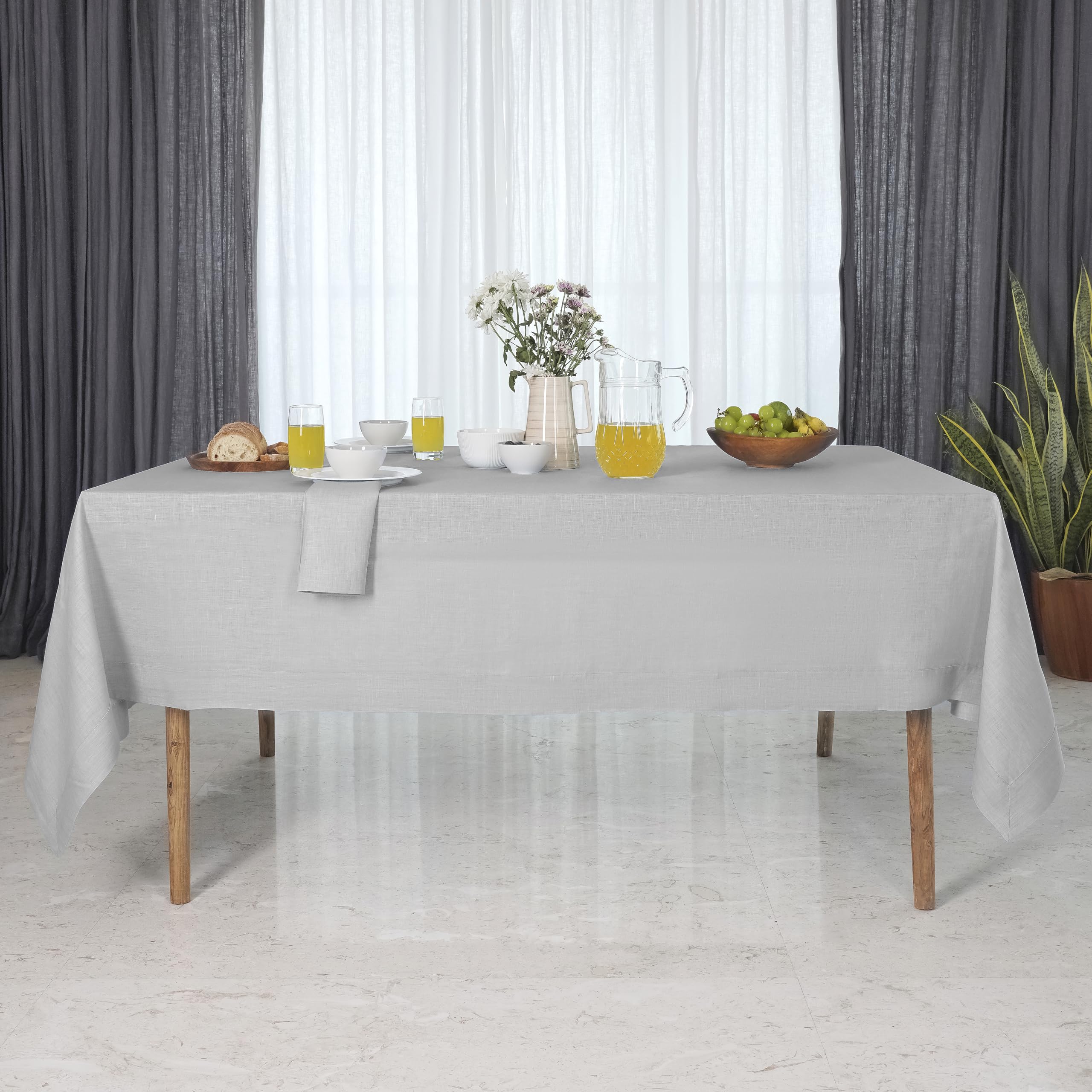 Dmoksha Homes Linen Tablecloth - 60 X 90 Inch Silver Grey, 100 Pure Linen Tablecloth 90 Inches Long, Rectangle Tablecloth, Machi