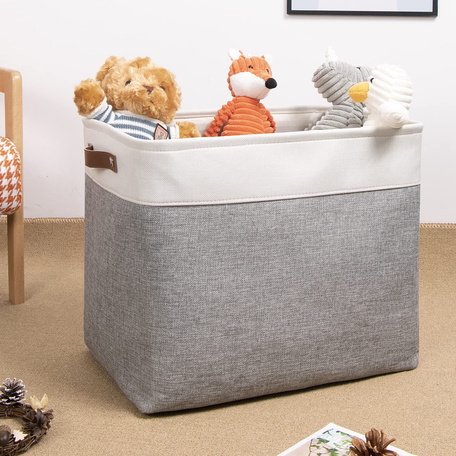 DULLEMELO Large Storage Baskets with Durable Leather Handles  Fabric Storage Bins for Organizing Clothes Toys Books  Canvas Storage Bin for Office Bedroom Closet Nursery Laundry Storage (White&Gray)
