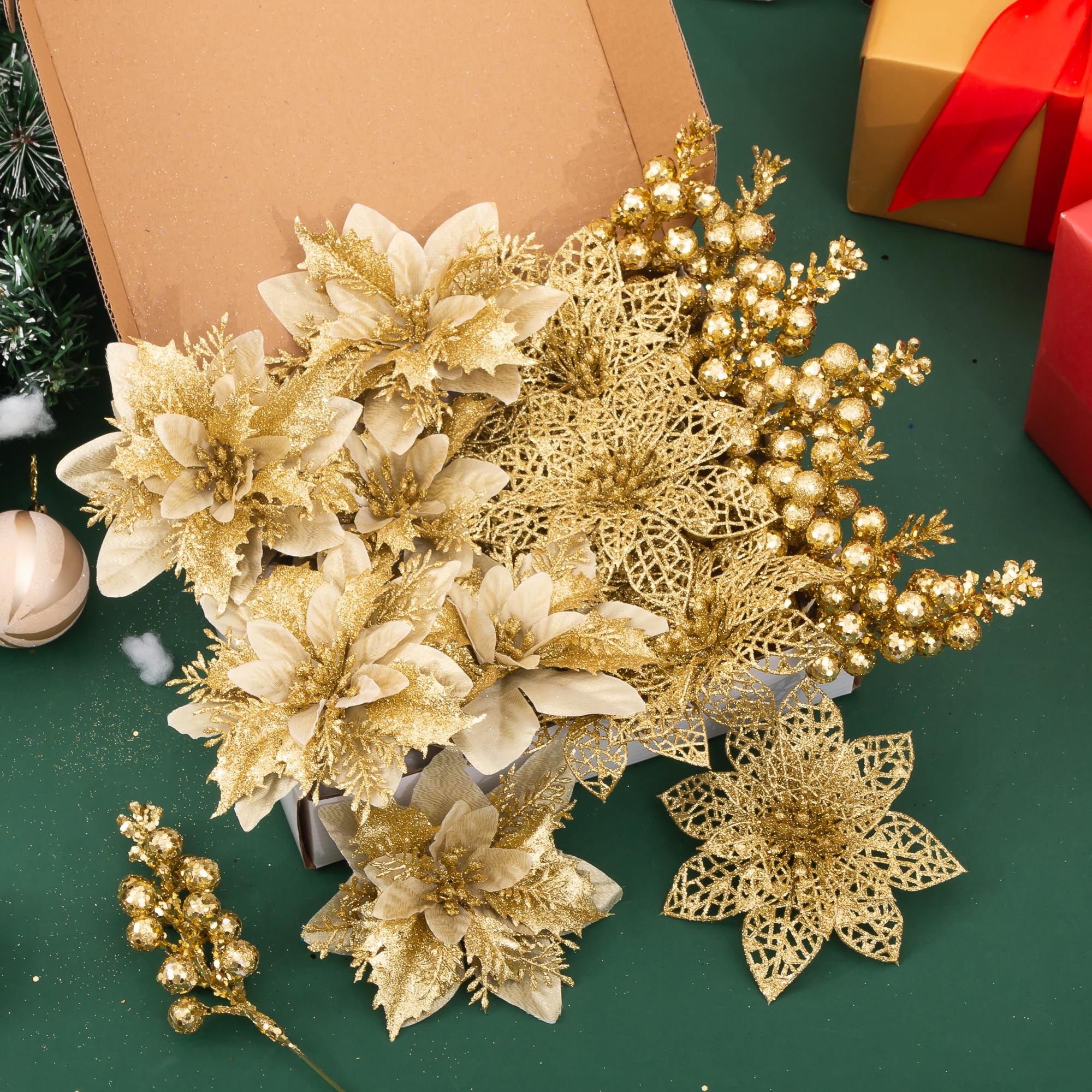 Jilimeli 24Pcs Christmas Poinsettia Artificial Flowers and Glitter Berries Kit, 2 Styles Total 16Pcs Christmas Tree Flowers Orna