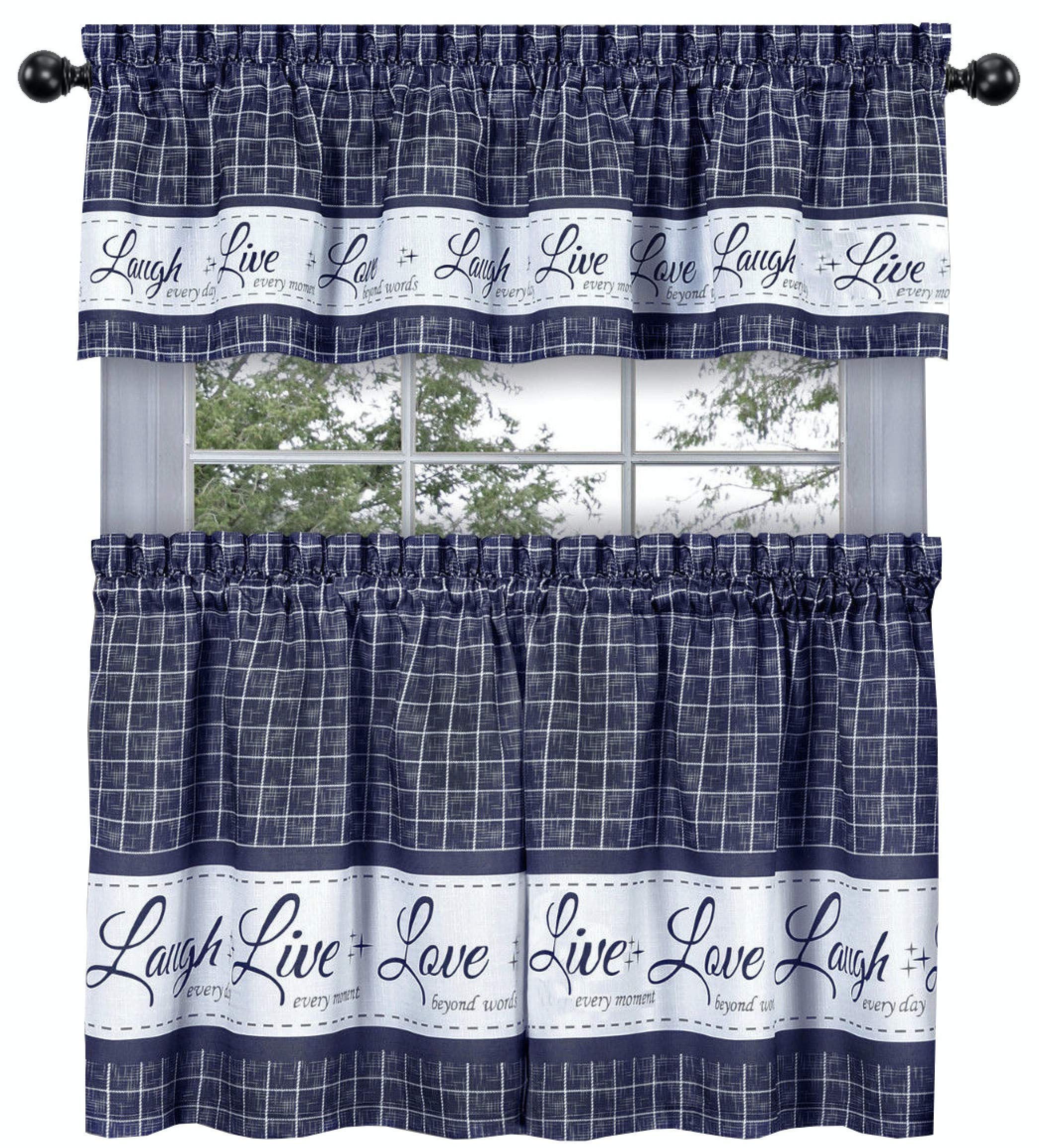 GoodGram Country Gingham Check Live~Laugh~Love 3 Pc. Caf   Plaid Kitchen Curtain Set - Assorted Colors & Sizes (Navy, 24 in. L)