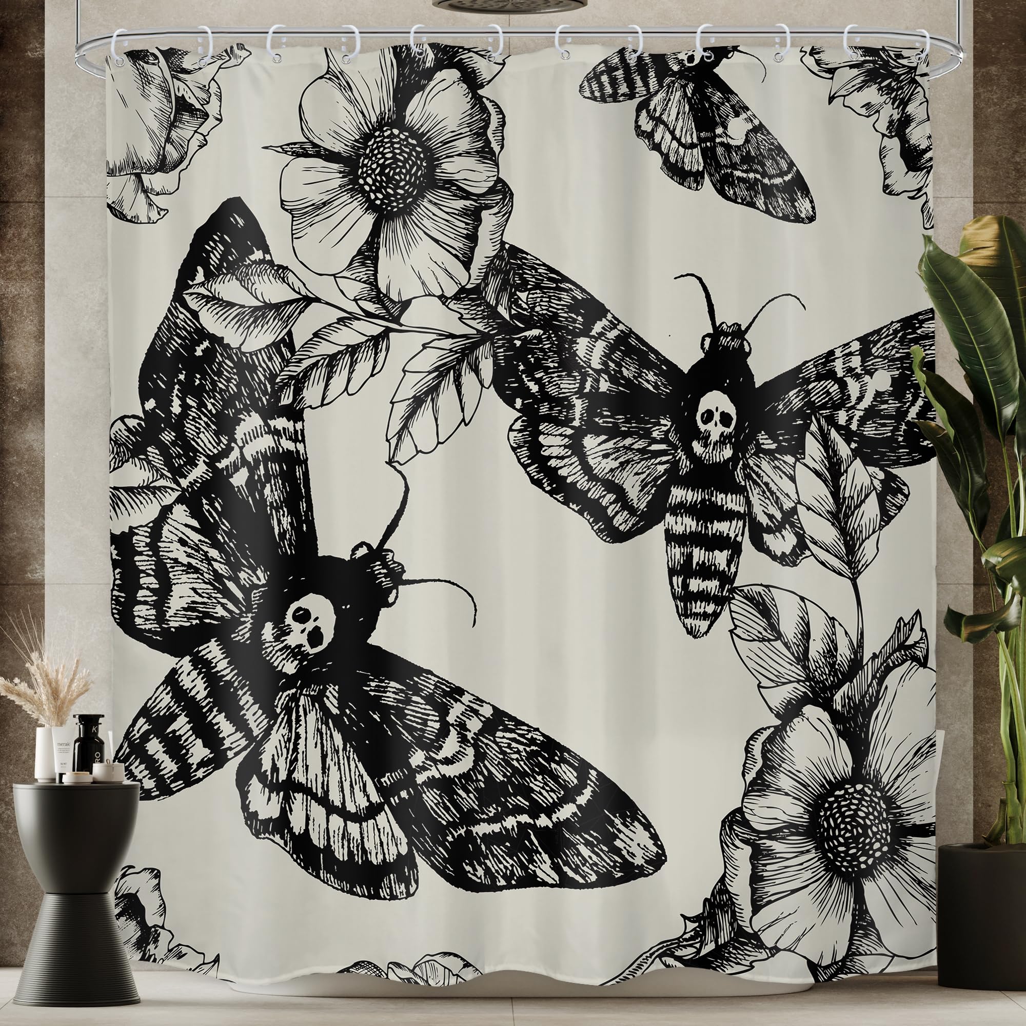 Lghtyro Black Skull Moth Shower Curtain Bathroom Set 71Wx71H Inches Vintage Gothic Scary Retro Flower Floral Botanical Leaves Bu