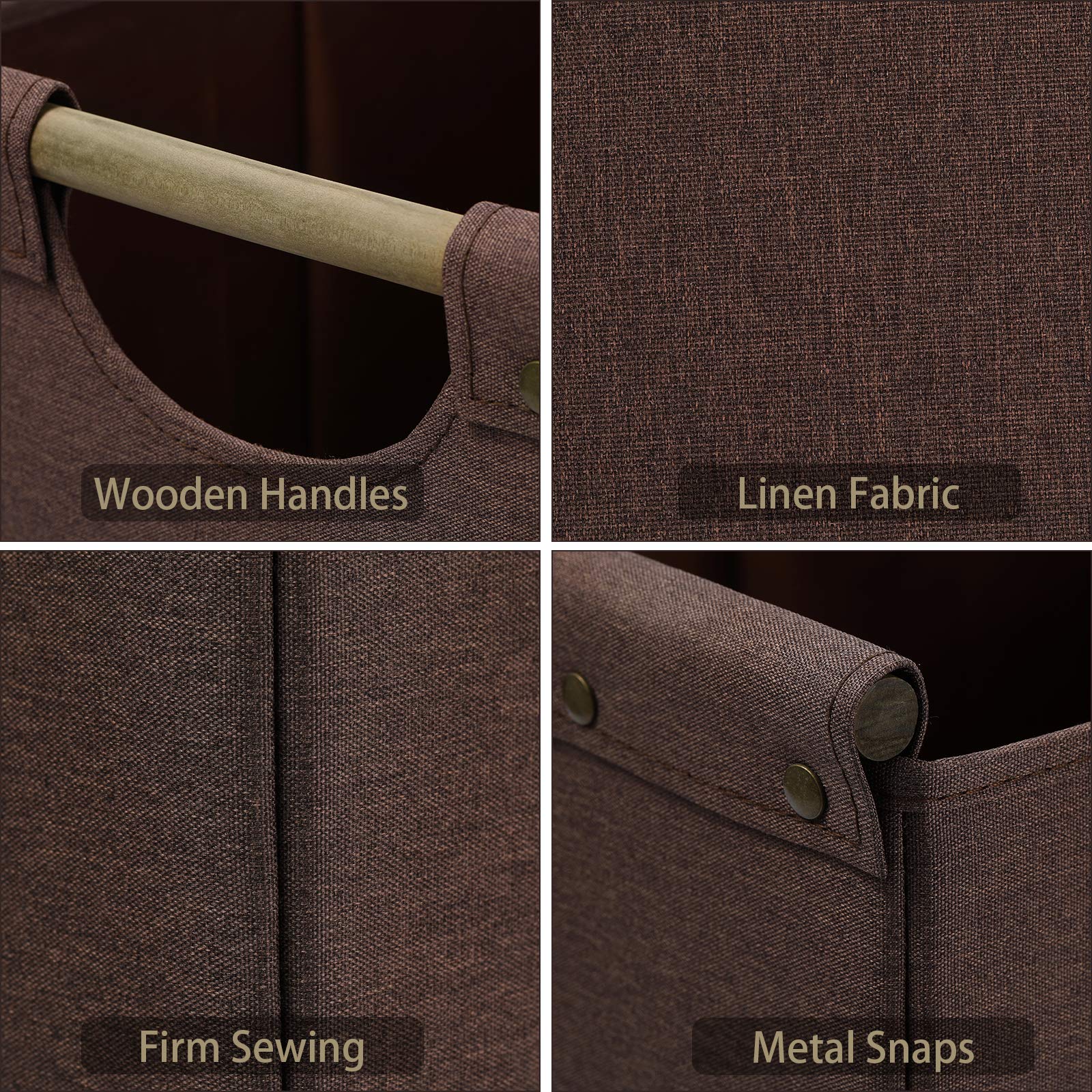 HOONEX Large Collapsible Storage Bins  Linen Fabric  2 Pack  Storage Baskets with Wooden Carry Handles and Sturdy Heavy Cardboard  for Home  Office  Car  Nursery  Brown