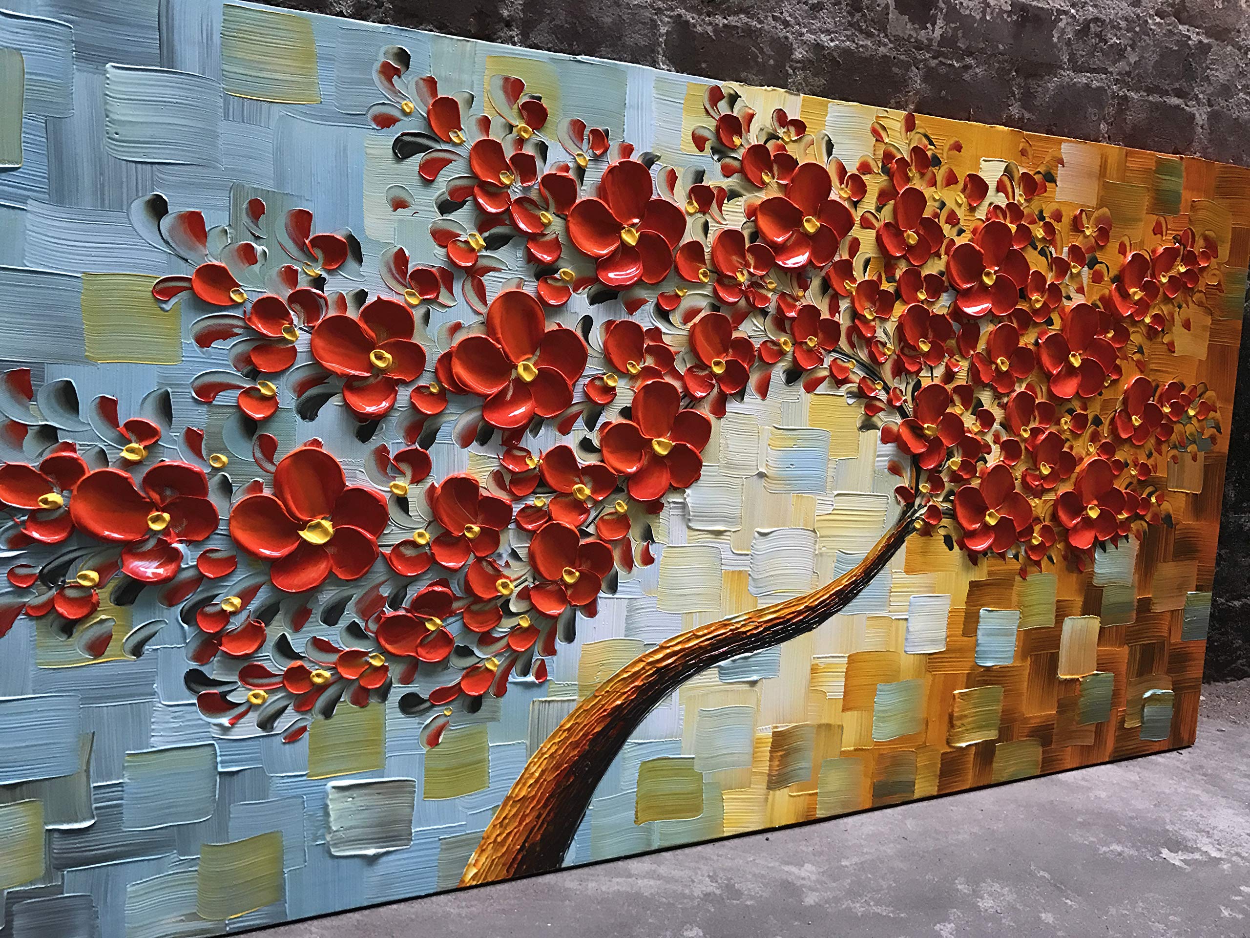 YaSheng Art -handpainted Contemporary Art Oil Painting On Canvas 3D Red Tree Paintings Modern Home Decor Wall Art for living room Ready to hang 24x48inch