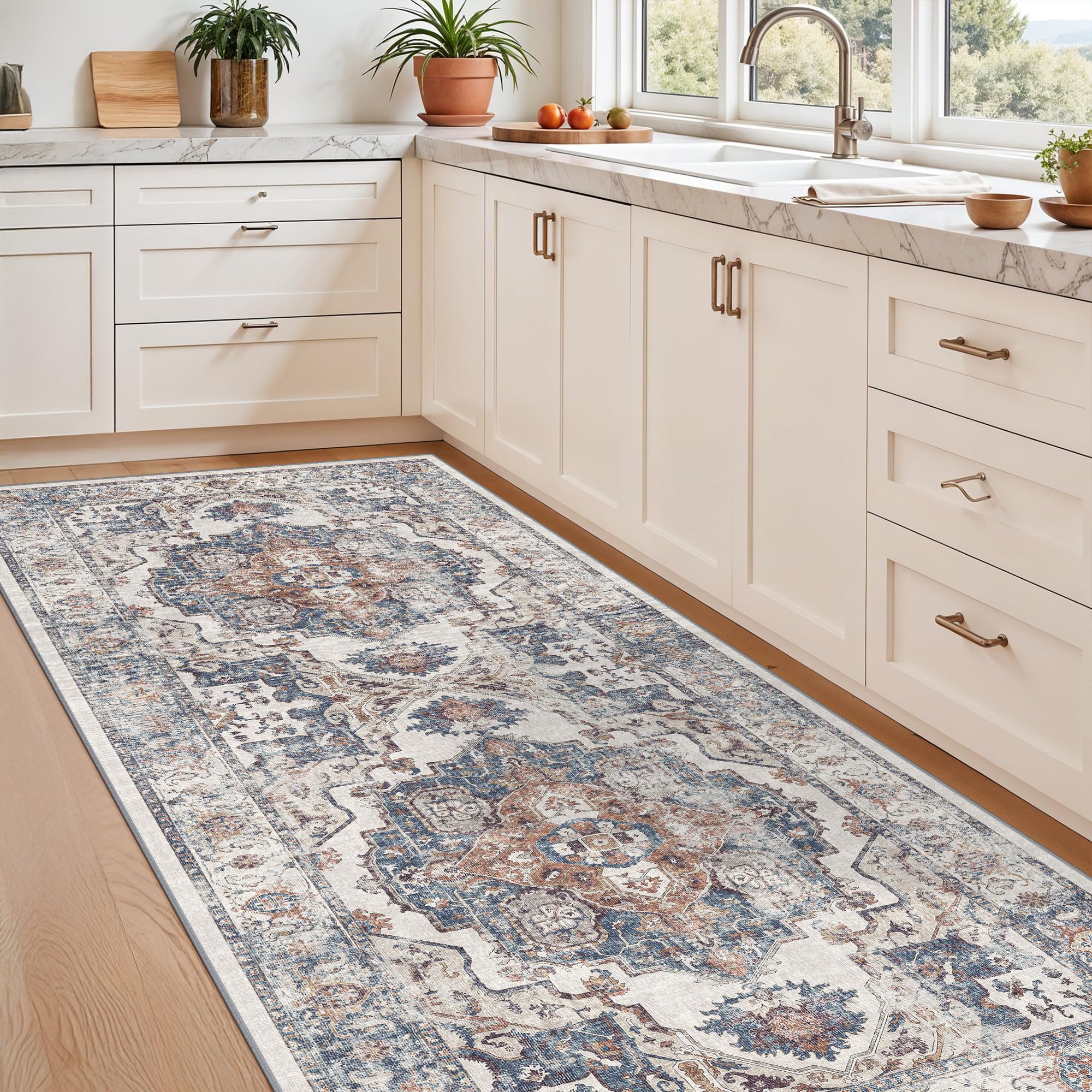 Washable 3x7 Hallway Runner Rug: Vintage 7ft Water-Resistant Soft Runner Rug for Entryway Kitchen Non-Slip Low Pile Carpet for L