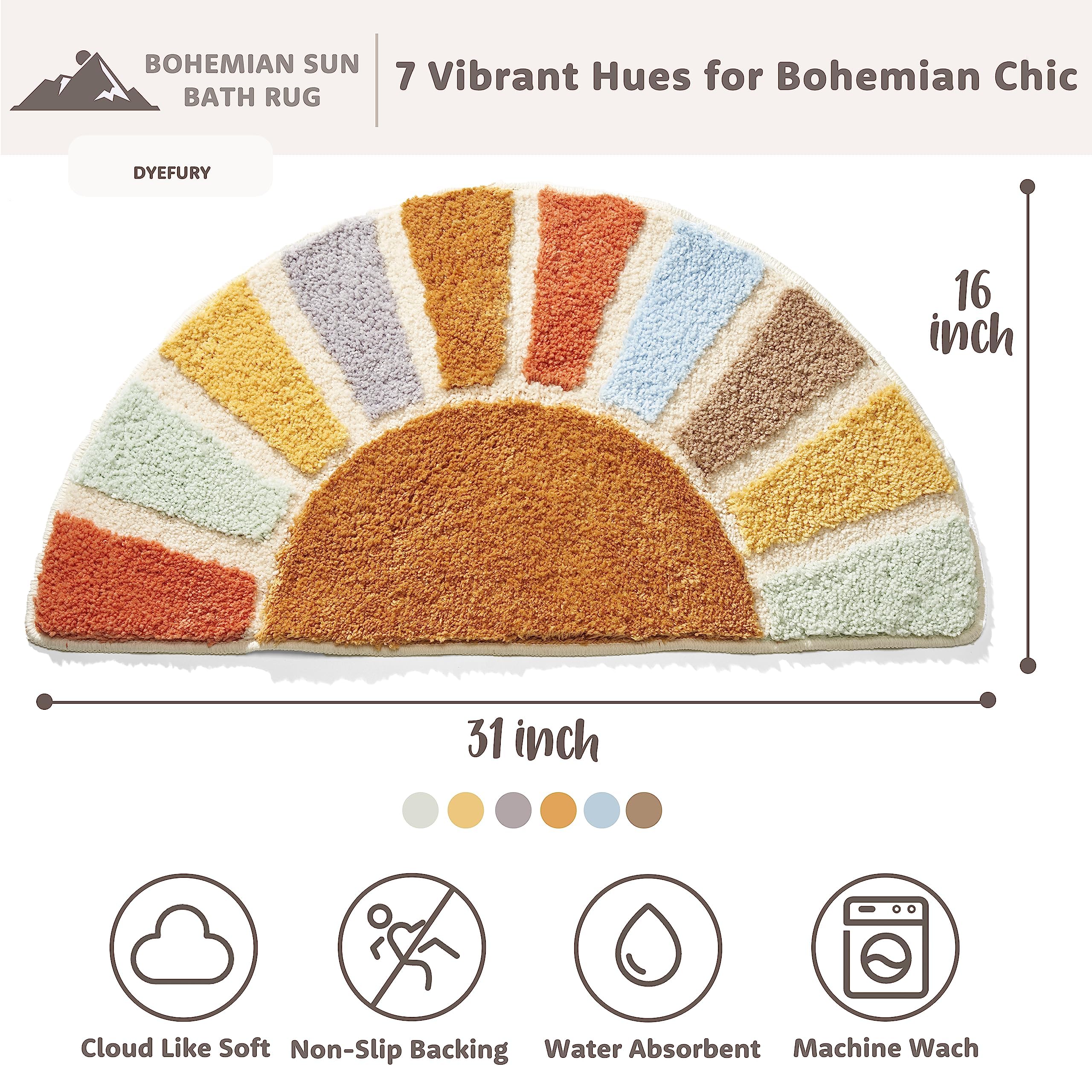 Dyefury Sunrise Boho Bathroom Rugs,Half Circle Bath Mat Cute,Sun Bath Mats,Retro Bohemian Home Bathroom Decor,Small Colorful Fun