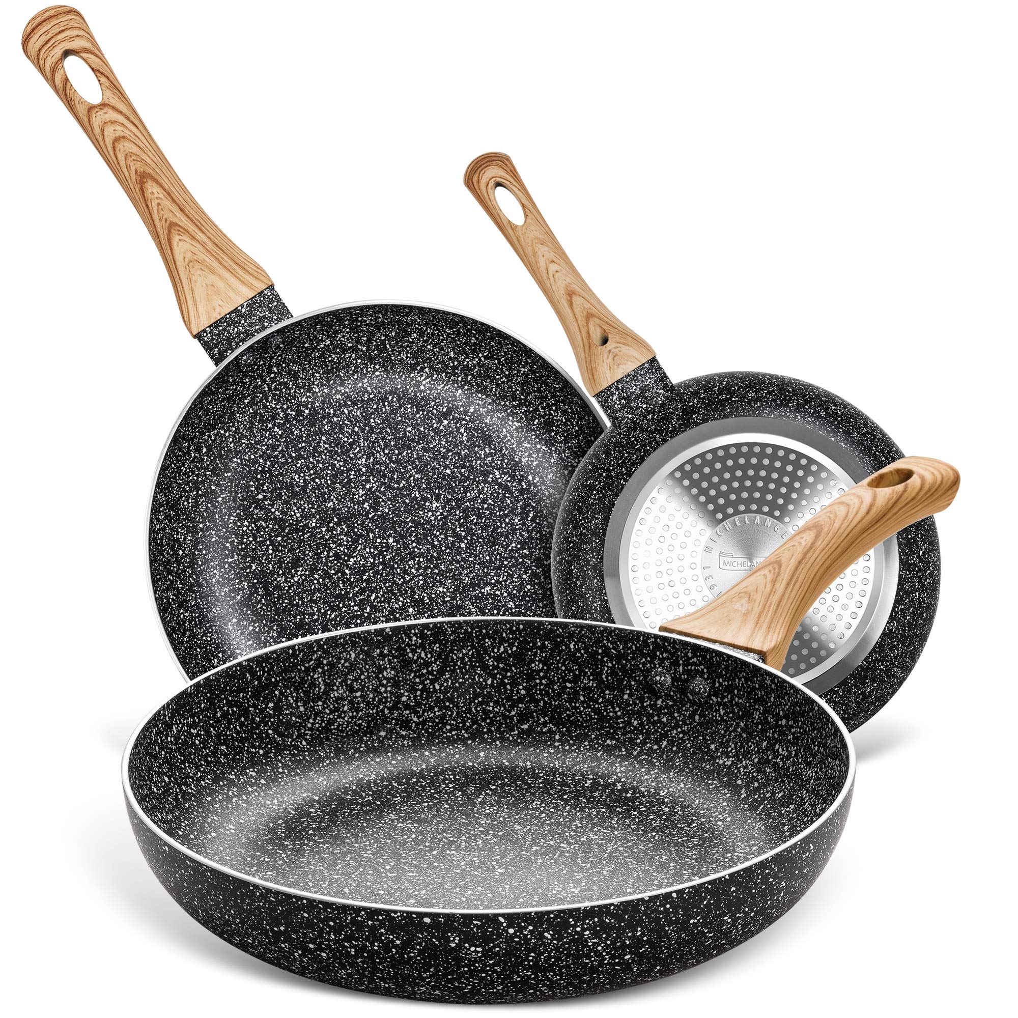 Michelangelo Frying Pan Set, 8''+9.5''+11'' Stone Frying Pans With 100% Apeo & Pfoa-Free Stone Coating, Fry Pan Set Bakelite Han