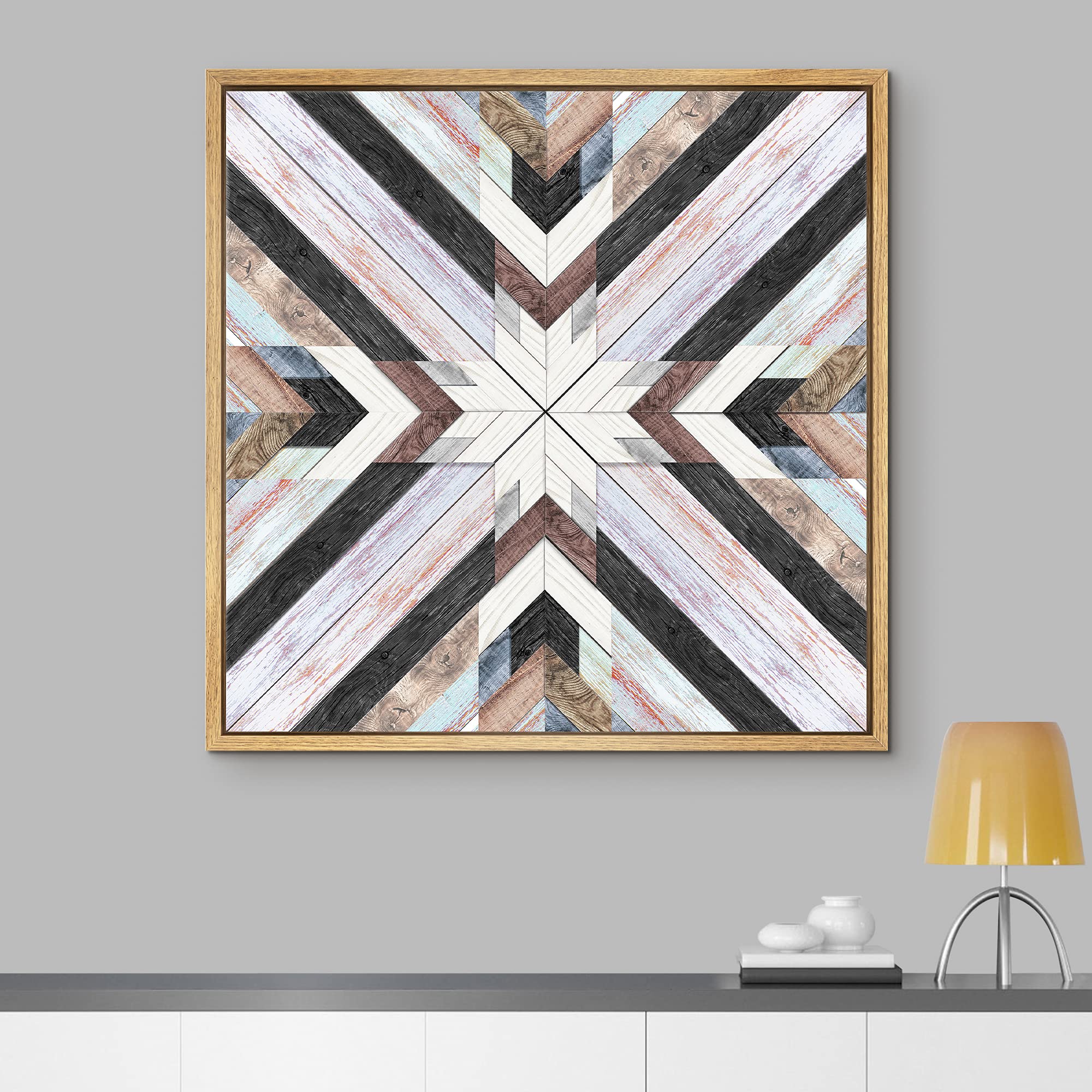 Idea4Wall Framed Canvas Print Wall Art Western Decor Pastel Watercolor Woodblock Display Abstract Geometric Wood Panels Modern A