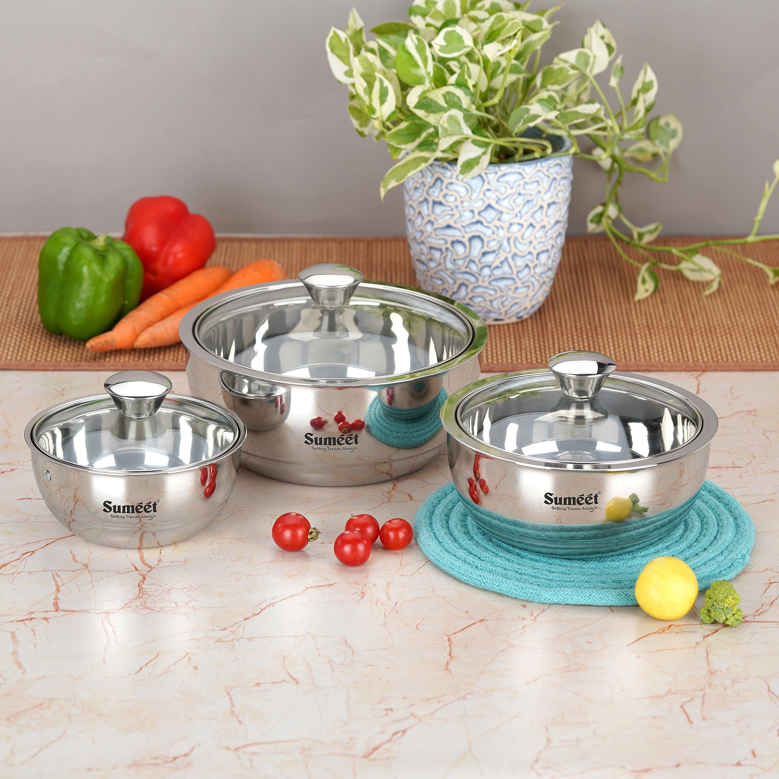 Sumeet Stainless Steel Insulated Gravy & Sabji Casserole Set | Double Wall Hot Food Pots with Glass Lids, 1L Each | 2Piece Ther