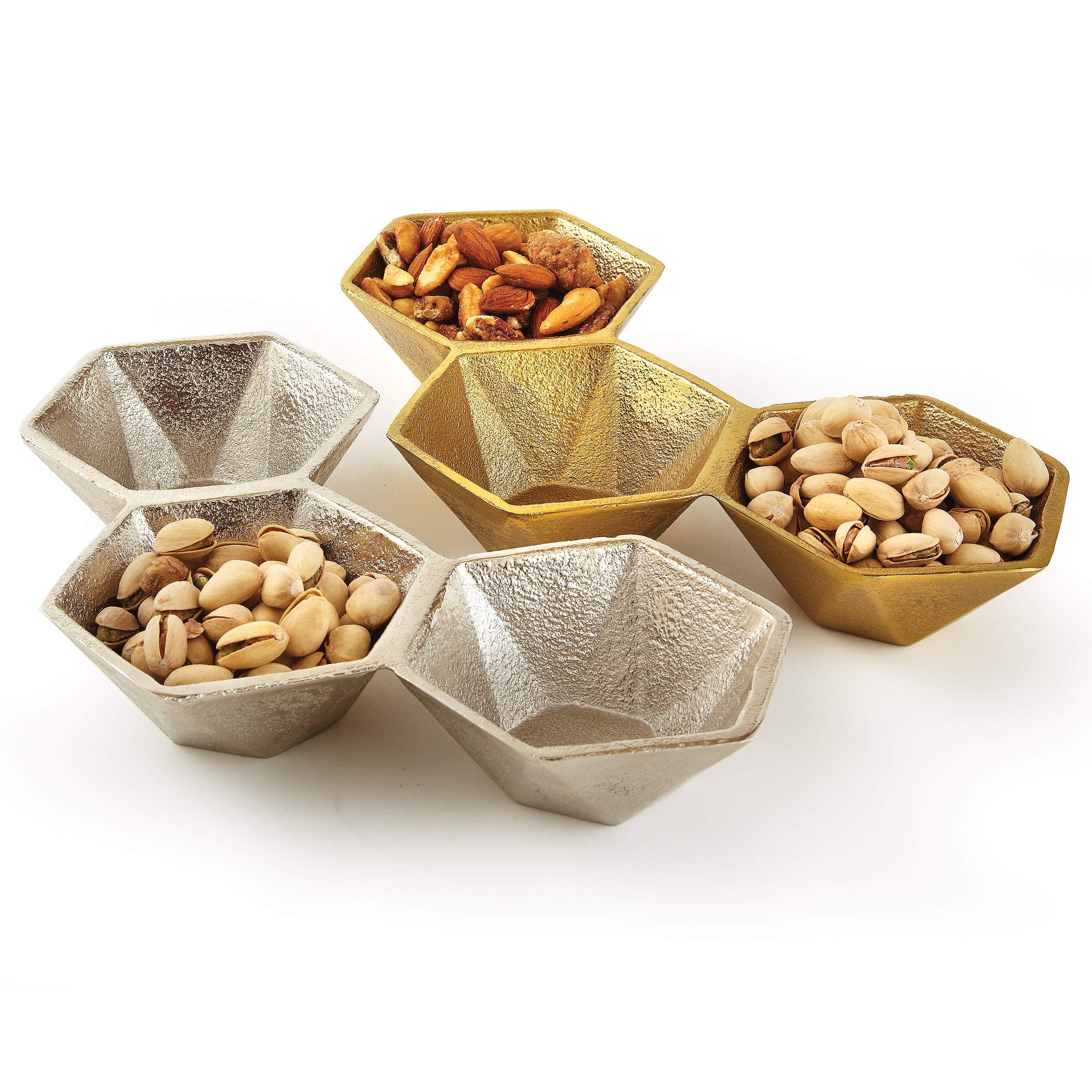 Elegance Silver Aluminum Hexagon Set Triple Bowl, 11'' X 6'', Gold