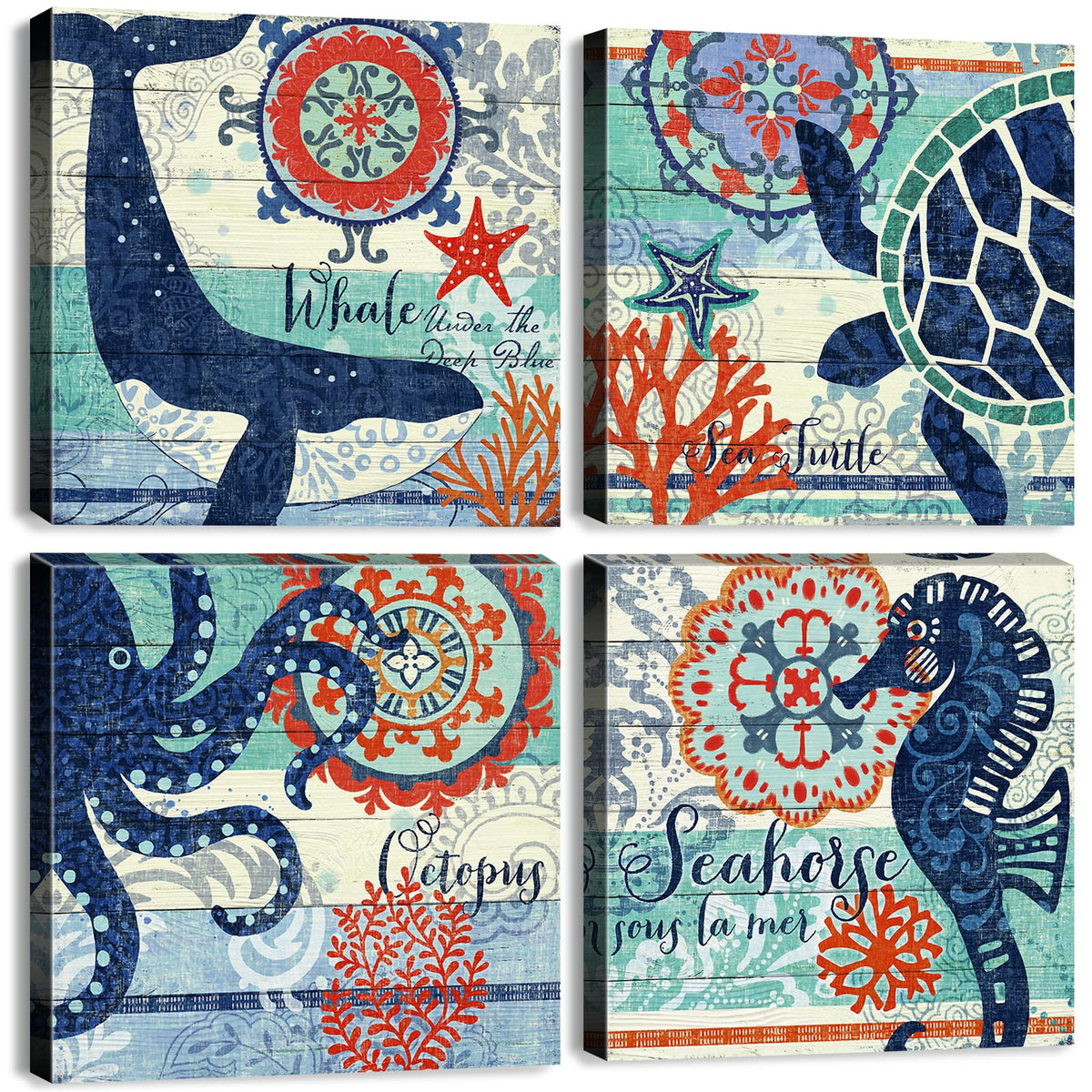 4 Panel Teal Blue Home Wall Art Decor Framed Artwork For Bathroom Living Room Canvas Print Beach Coastal Sea Turtle Octopus Seah