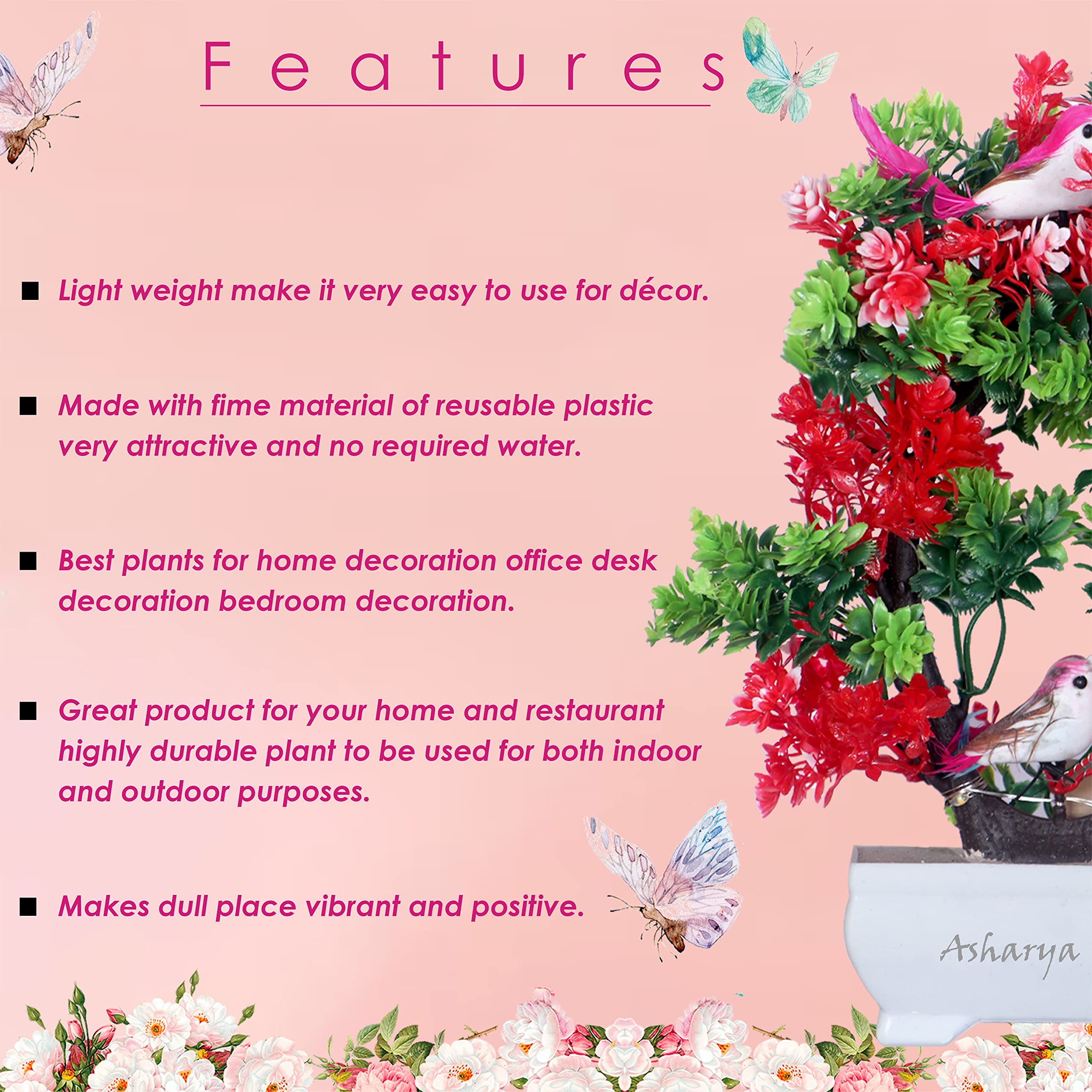 Asharya Artificial Bonsai Plant with LED Light  Faux Bonsai Tree Decor for Desk, Home, Office | Realistic Look| Small Potted Pla