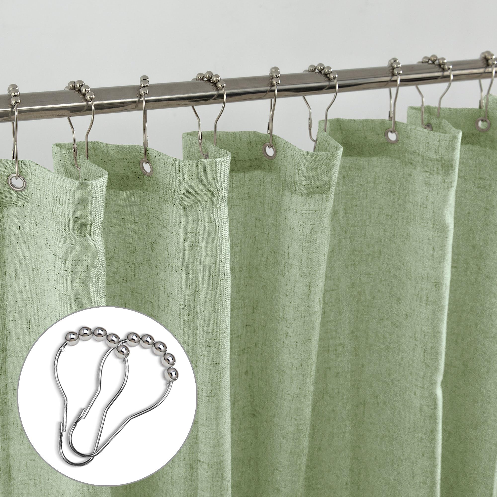 Koufall Sage Green Linen Shower Curains 84 Inch Length For Bathroom,Extra Long Curtain Liner Set With Hooks