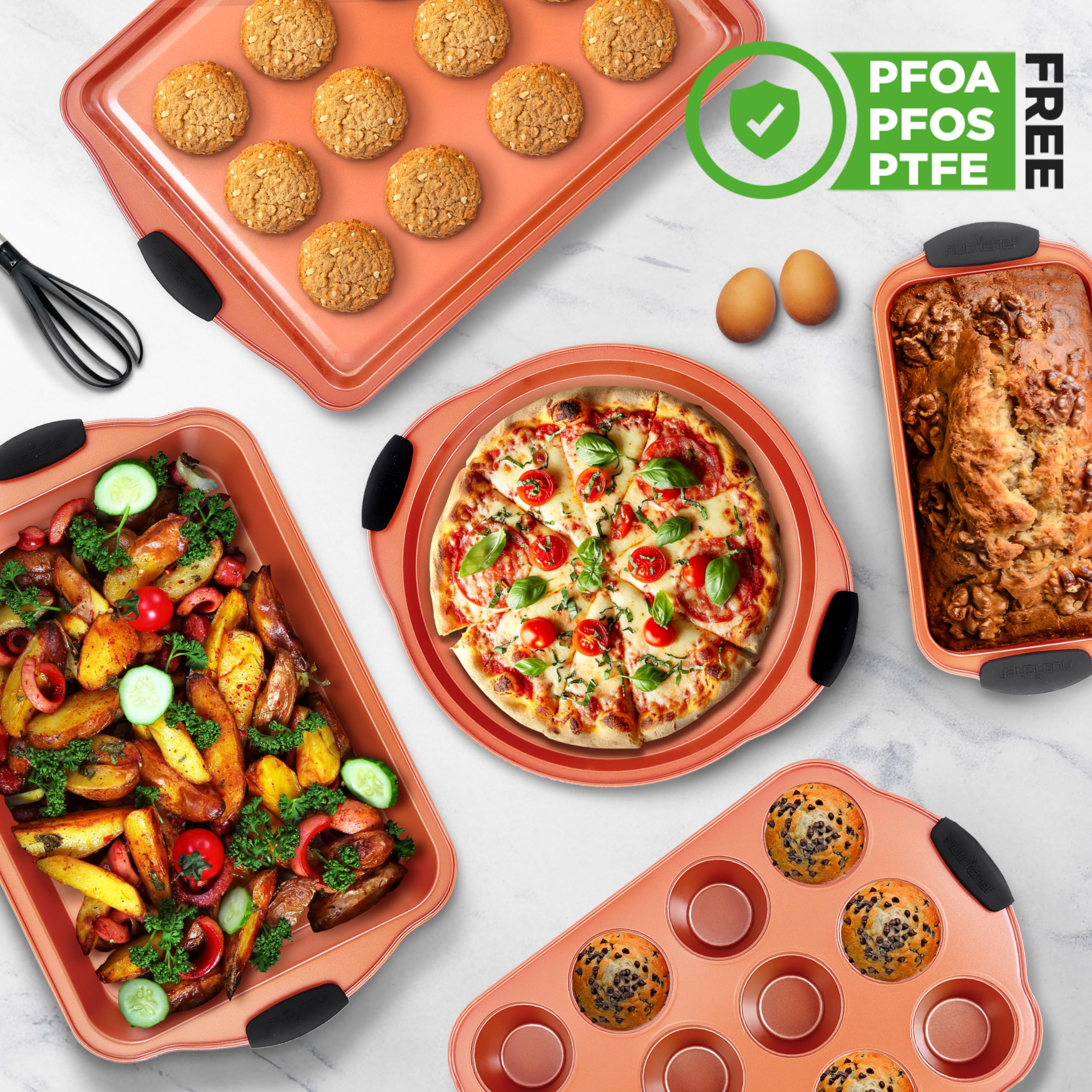 Nutrichef 8 Piece Baking Pans Set - Nonstick Carbon Steel Bakeware Set W/ Silicone Heat-Safe Handles - Includes Loaf Pan, Muffin