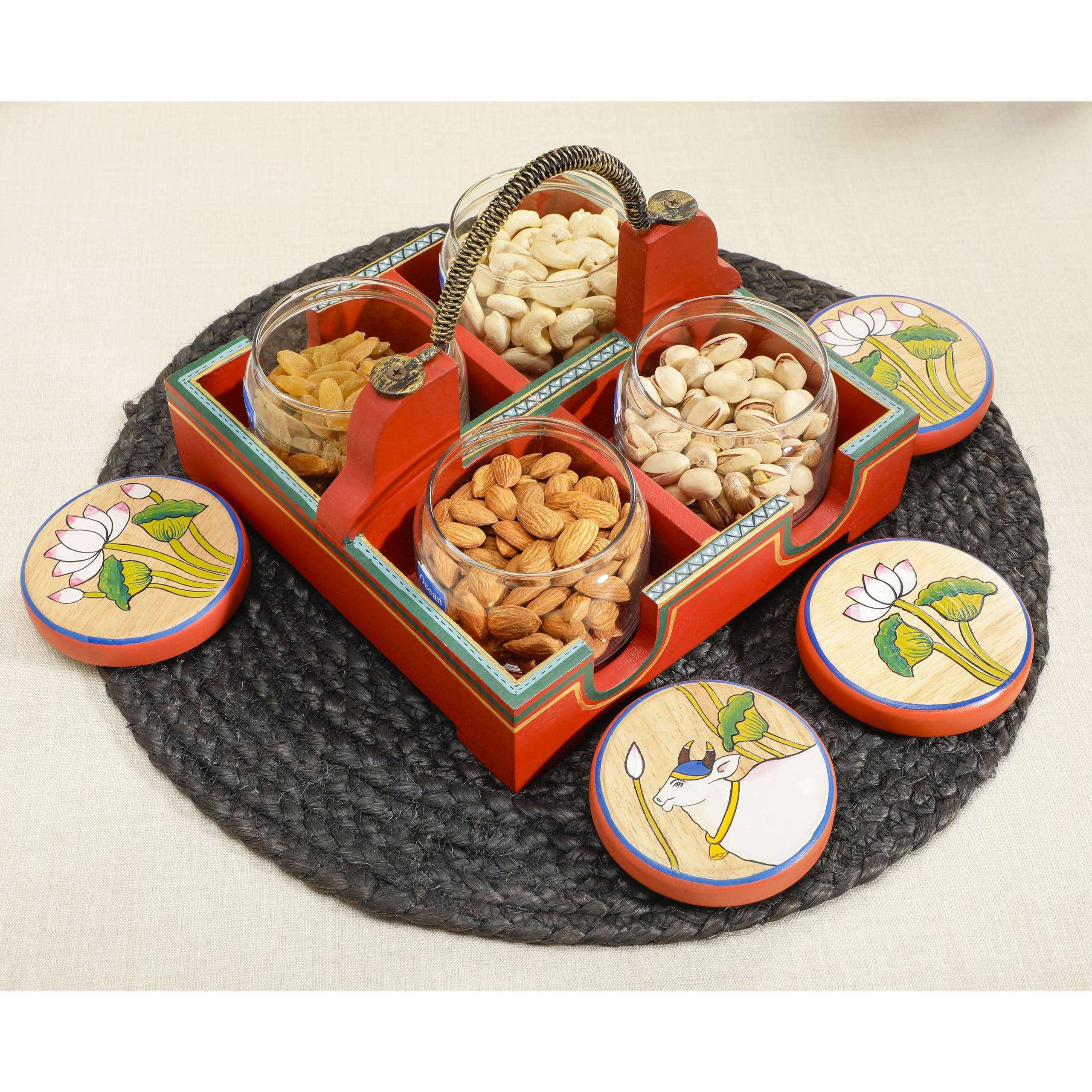 Dudki Wooden Serving Tray With 4 Glass Jaar Having Flower Design
