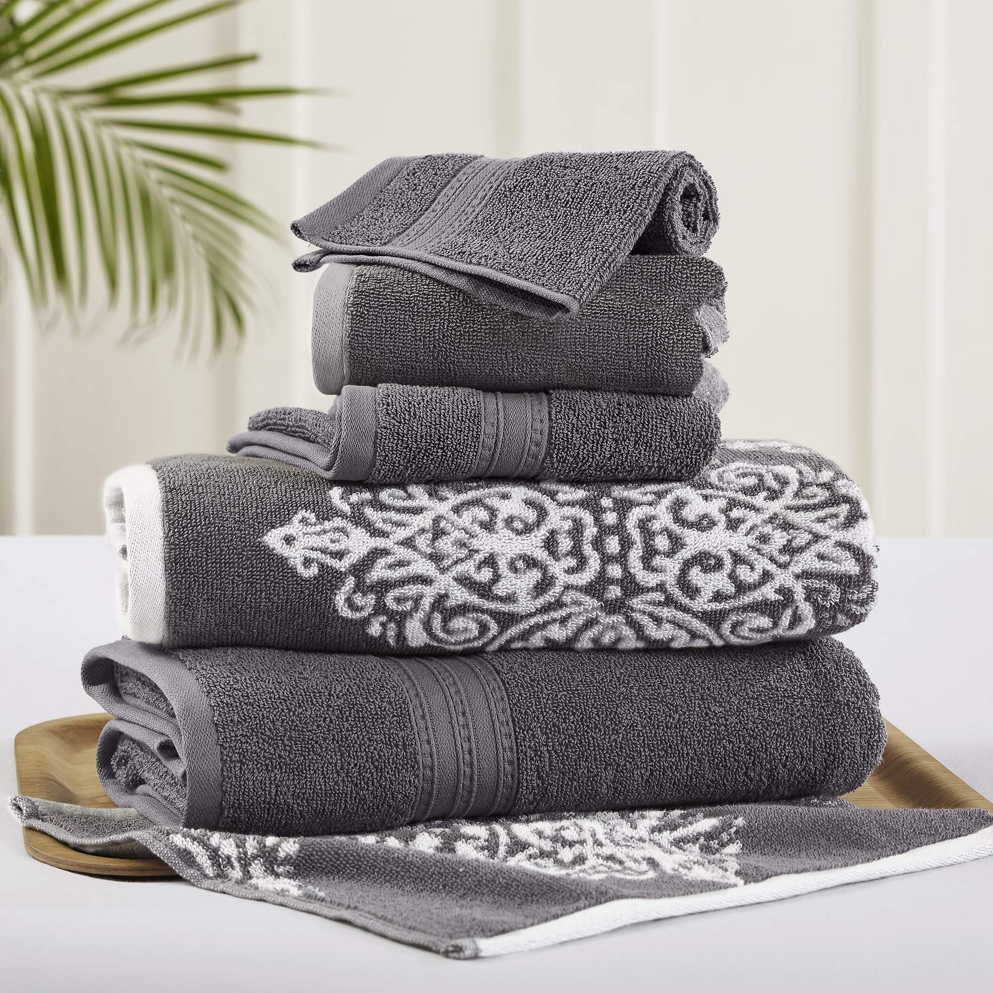 Amrapur Overseas | Artesia Damask 6 Piece Reversible Yarn Dyed Jacquard Towel Set (Platinum)