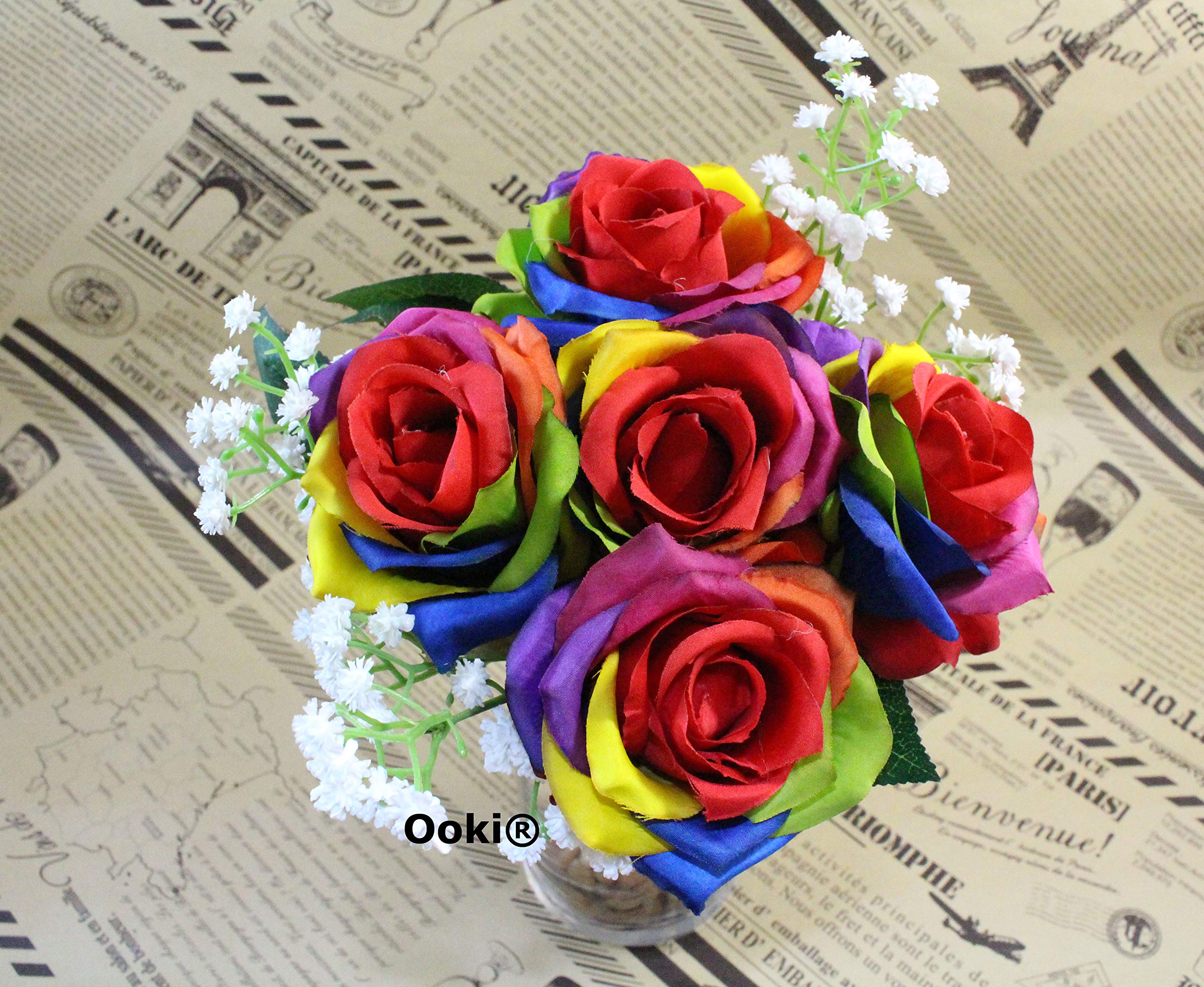 Ooki Custom Handmade Artificial Silk Rainbow Rose Toss Bouquet Bridesmaid Flower Bush Arrangement Home Decor Wedding Party Celeb