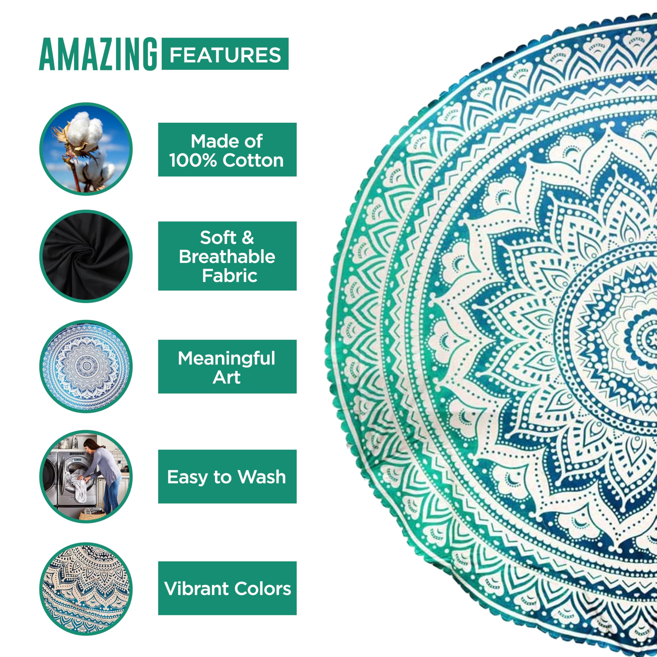 Raajsee Green Round Beach Tapestry Hippie/Boho Beach Blanket Mandala Roundie/Indian Cotton Throw - Round Tablecloth/Home Decor/I