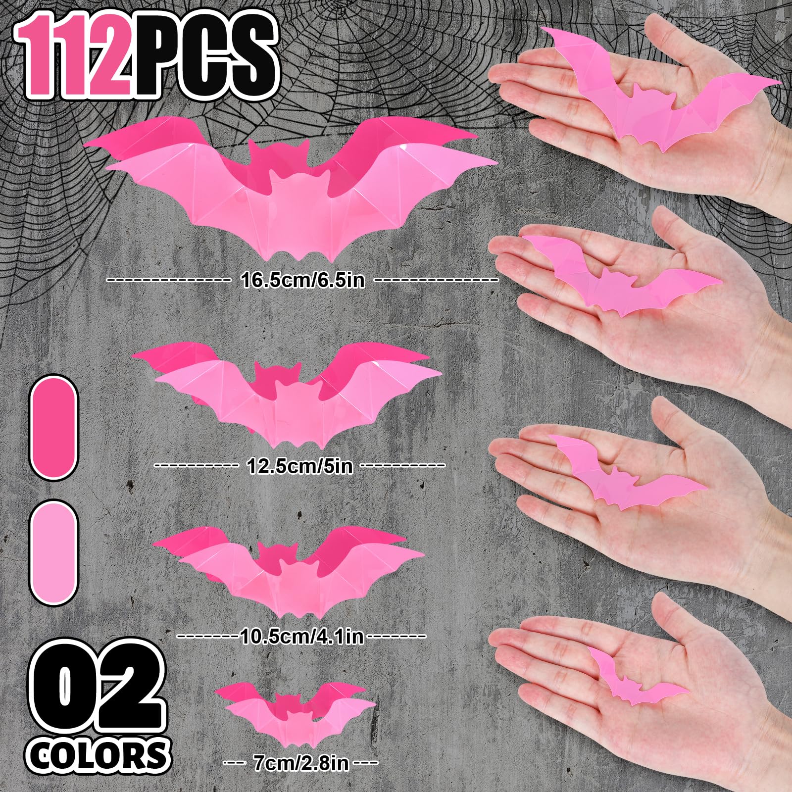 Whaline 112Pcs Halloween Wall Decoration 3D Bats With Foam Adhesive Pink And Rose Red Waterproof Spooky Bats Stickers Hocus Pocu