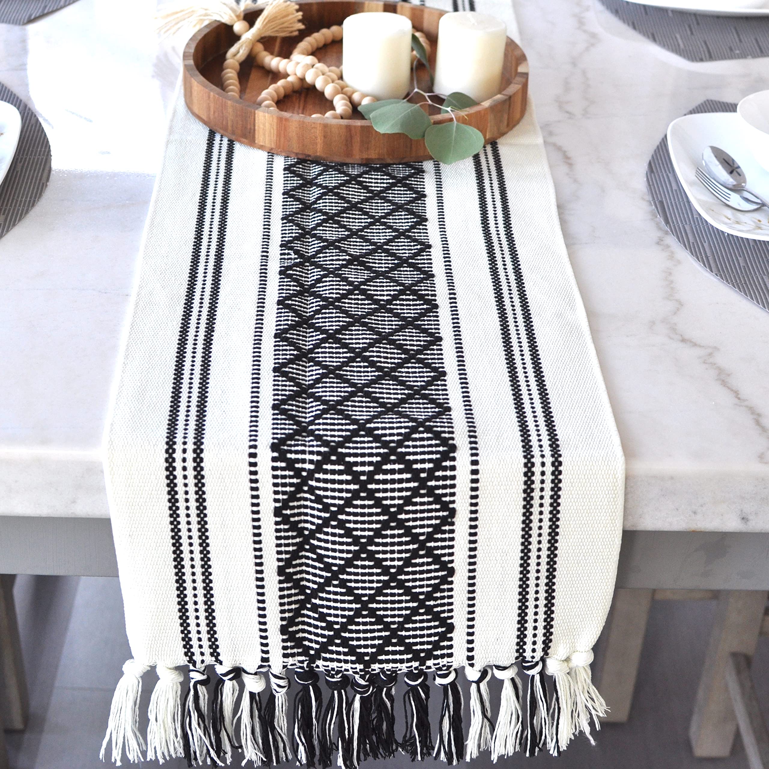 Boho Table Runner With Fringe 14 X 90 Inches, Black & Cream | Woven Washable Console Tabletop Runner / Dresser Scarf, Farmhouse