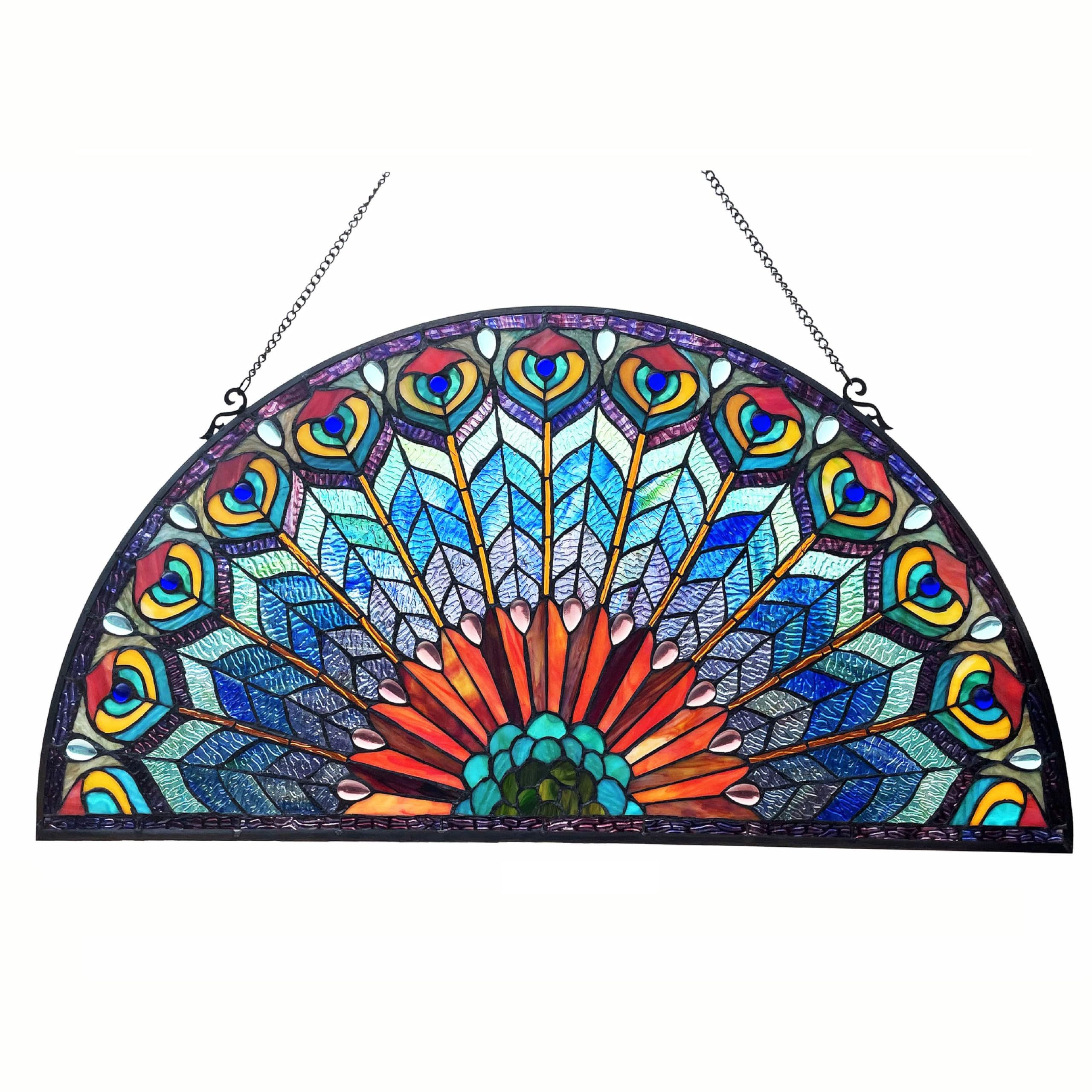 Regal Eudora Tiffany-Style Peacock Feather Glass Window Panel 35X18
