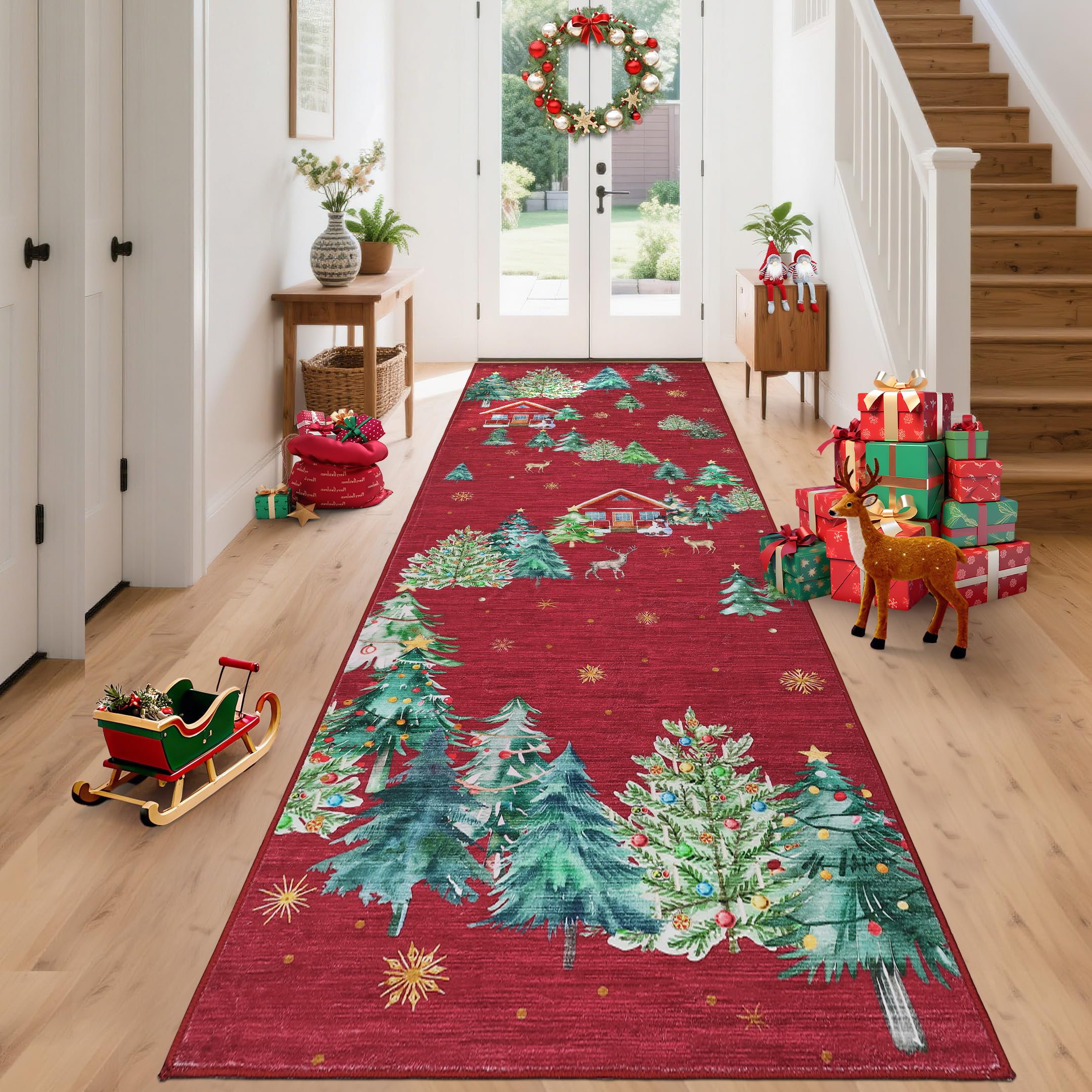 GarveeHome Christmas Runner Rug 2x10 Red Runners for Hallways, Kitchen Rugs Non Slip Washable Entryway Carpet Runner, Soft Chris