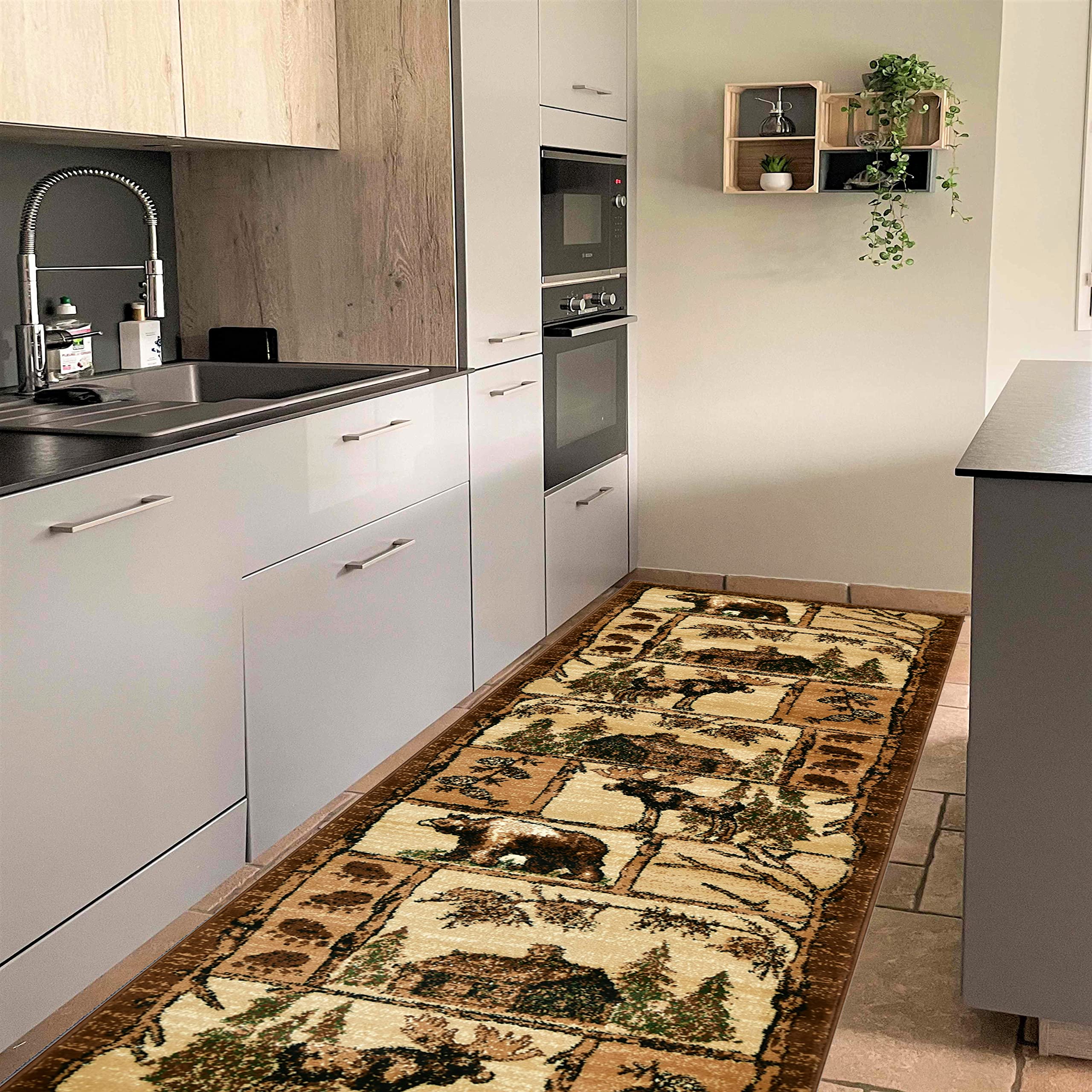 HR-Lodge, Cabin Nature and Animals Area Rug- Geometric Design Cabin Bedroom Rug-Abstract Moose/Bear/Lodge/Nature