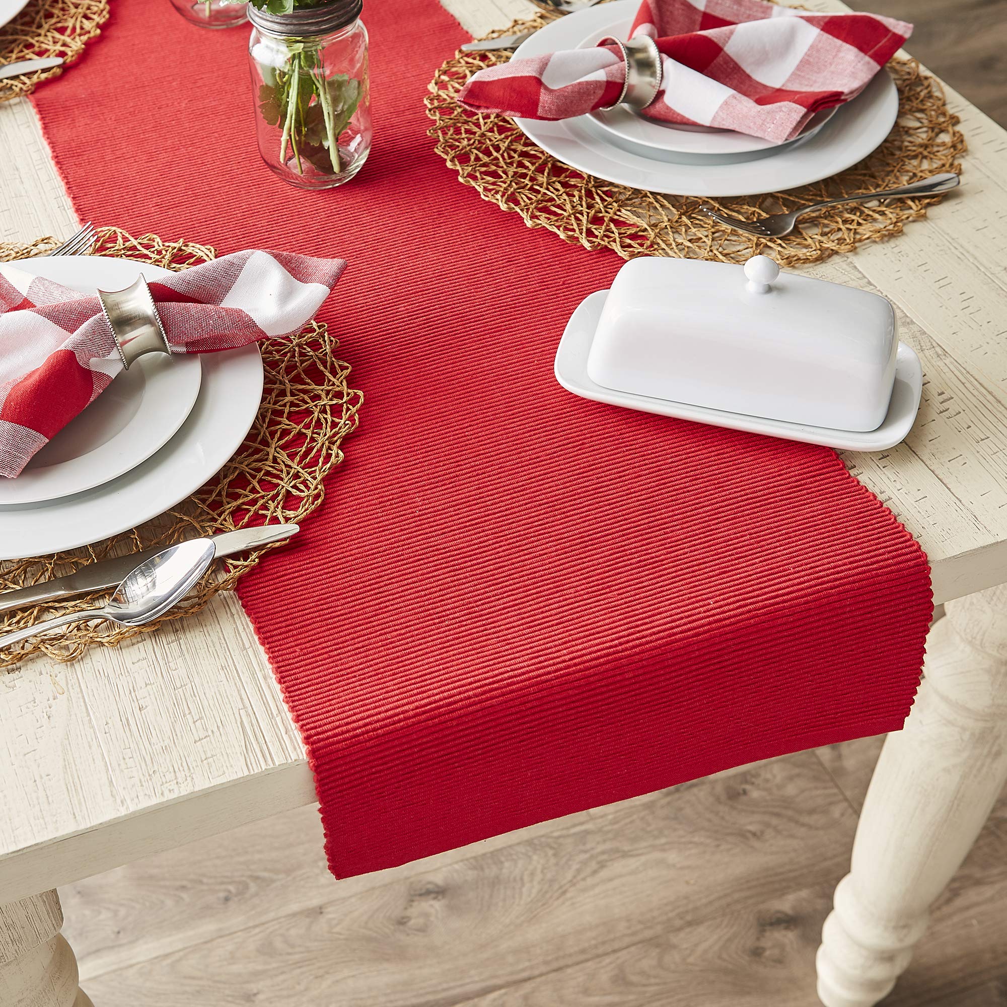 Dii Basic Everyday Ribbed Tabletop 100% Cotton, Table Runner, 13X72, Tango Red