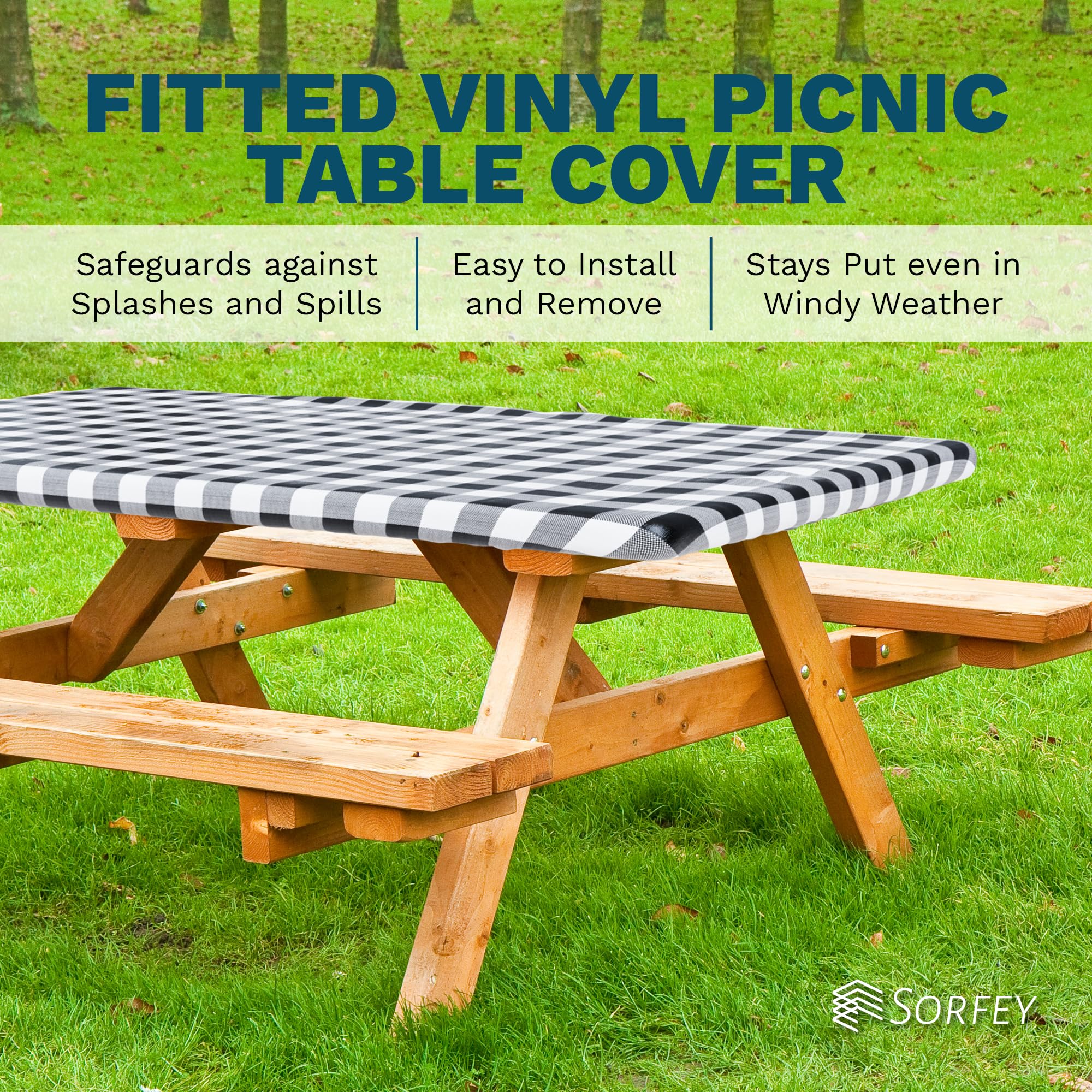 Sorfey Picnic Tablecover -Fitted With Elastic, Vinyl With Flannel Back, Fits For Table 72''X 30'' Rectangle,Water Proof, Easy To