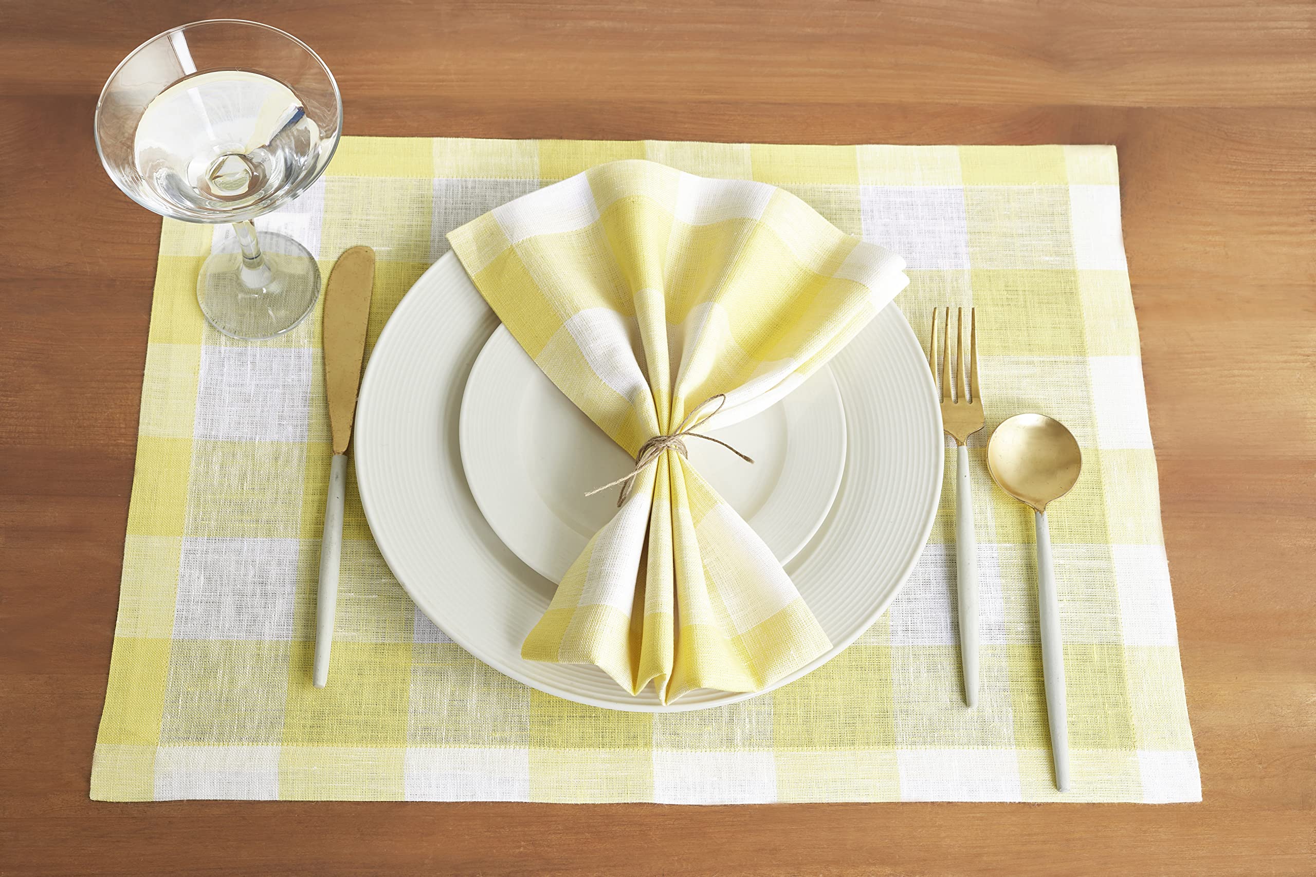 Solino Home Buffalo Check Linen Placemats 19'' L X 14'' W Inch - 100% Pure Linen Yellow And White Plaid Cloth Placemats Set Of 4
