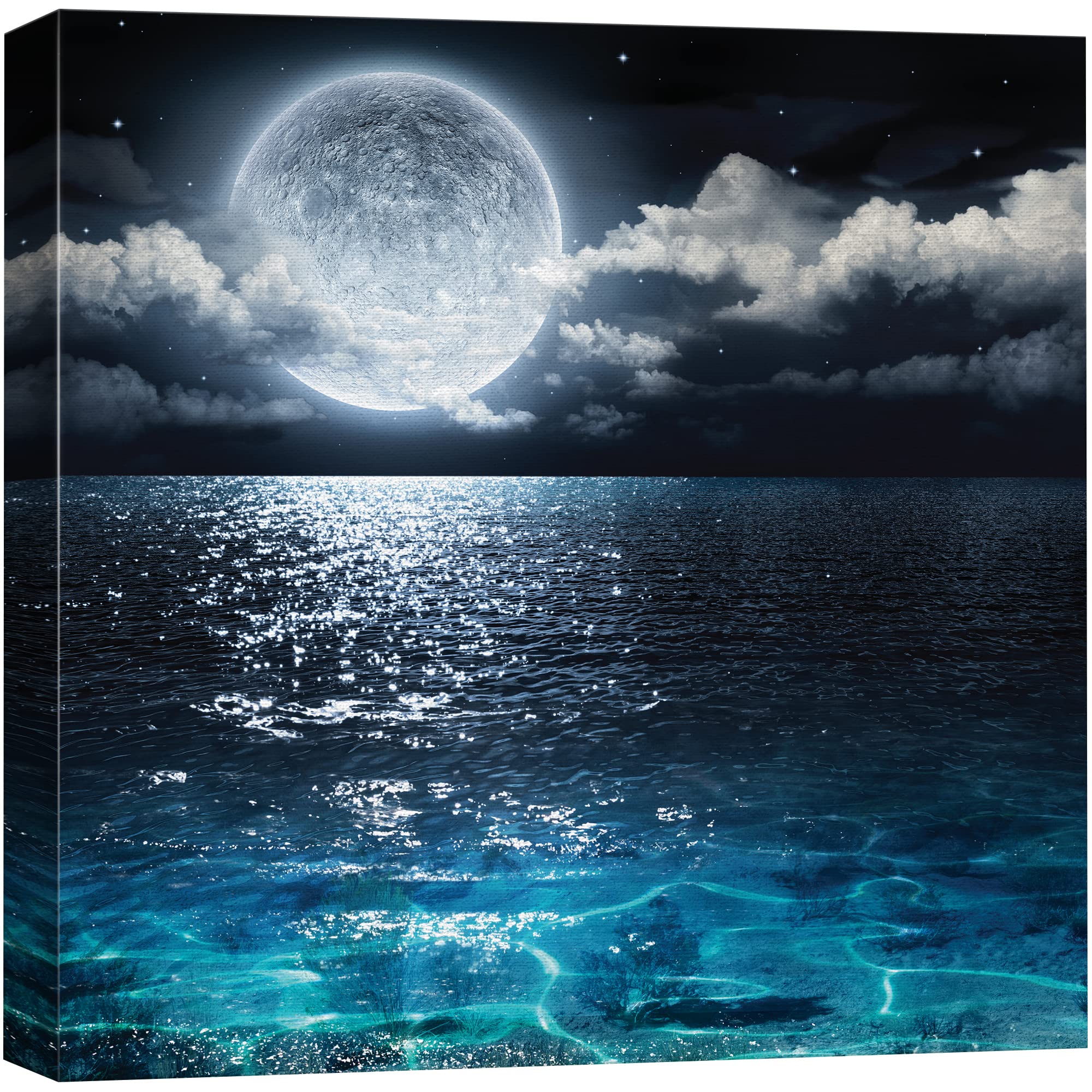 Wall26 Canvas Print Wall Art Mystic Full Moon Over Blue Night Ocean Astronomy & Space Sky Digital Art Modern Art Global Scenic C