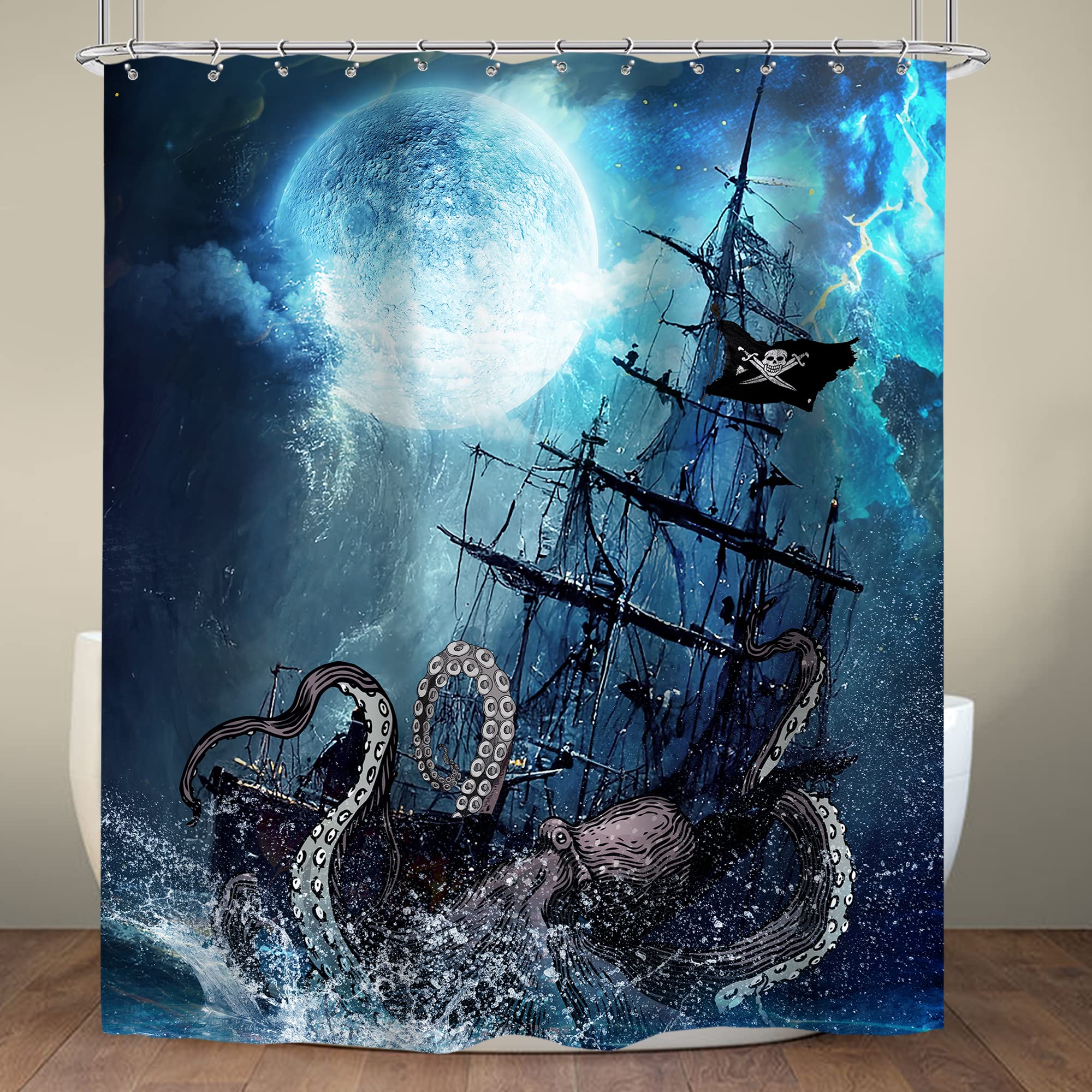 Cinbloo Navy Blue Octopus Beach Shower Curtain Nautical Kraken Anime Pirate Ship Kids Bathroom Curtain Set Sea Wave Sailboat Got