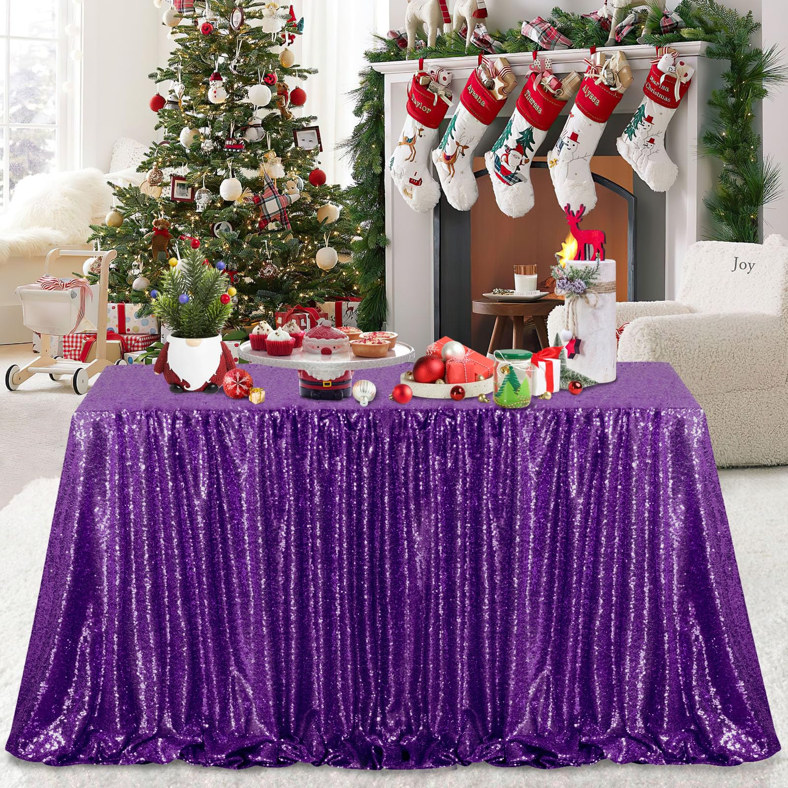 Queendream Sequin Tablecloth 60X102 Purple Tablecloth Glitter Party Table Cloth Overlay For Wedding Birthday Decorations