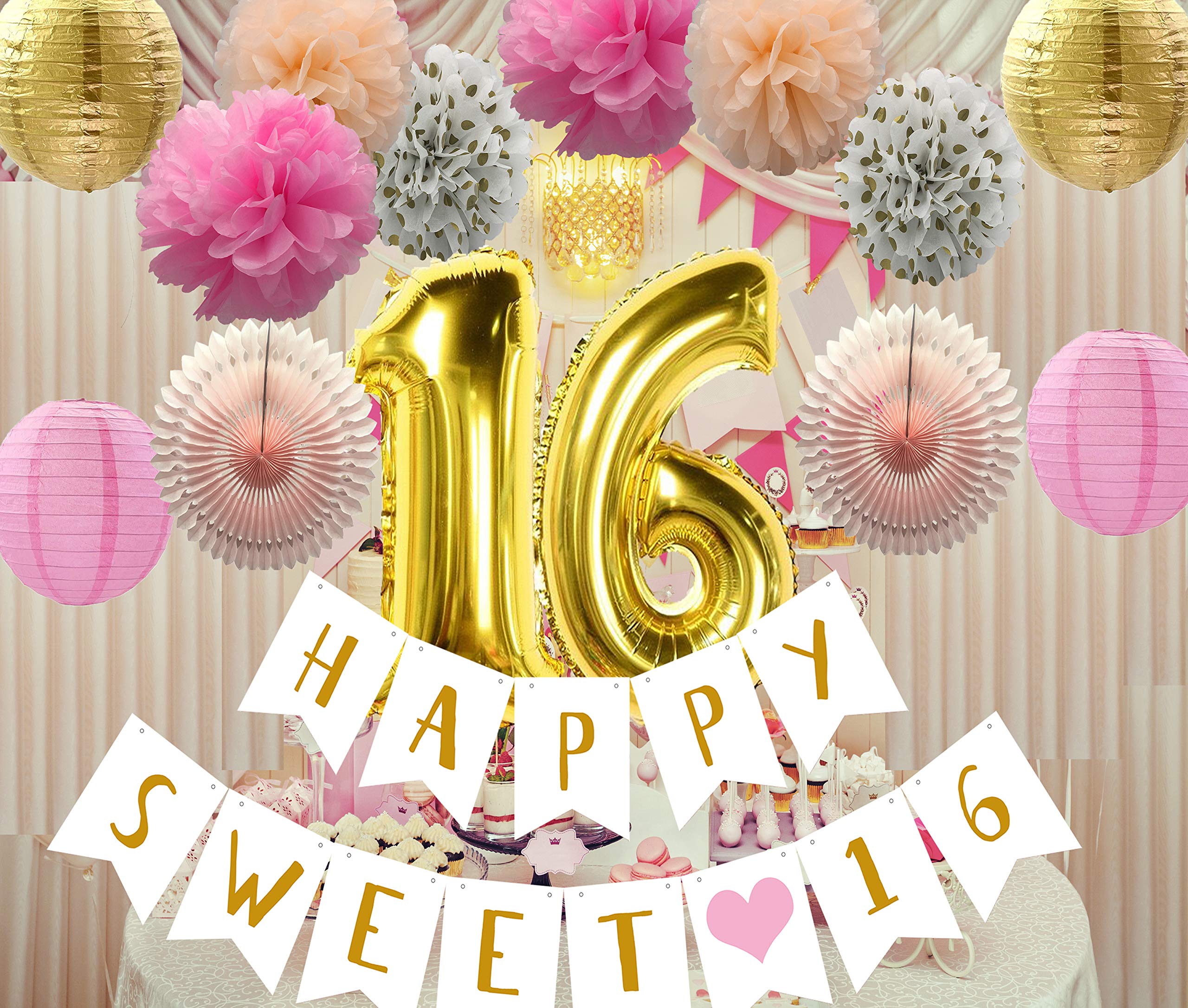 Sweet 16 Birthday Decorations - 16Th Pink Gold Happy B-Day Party Decor Supplies For Girls Sixteen Years