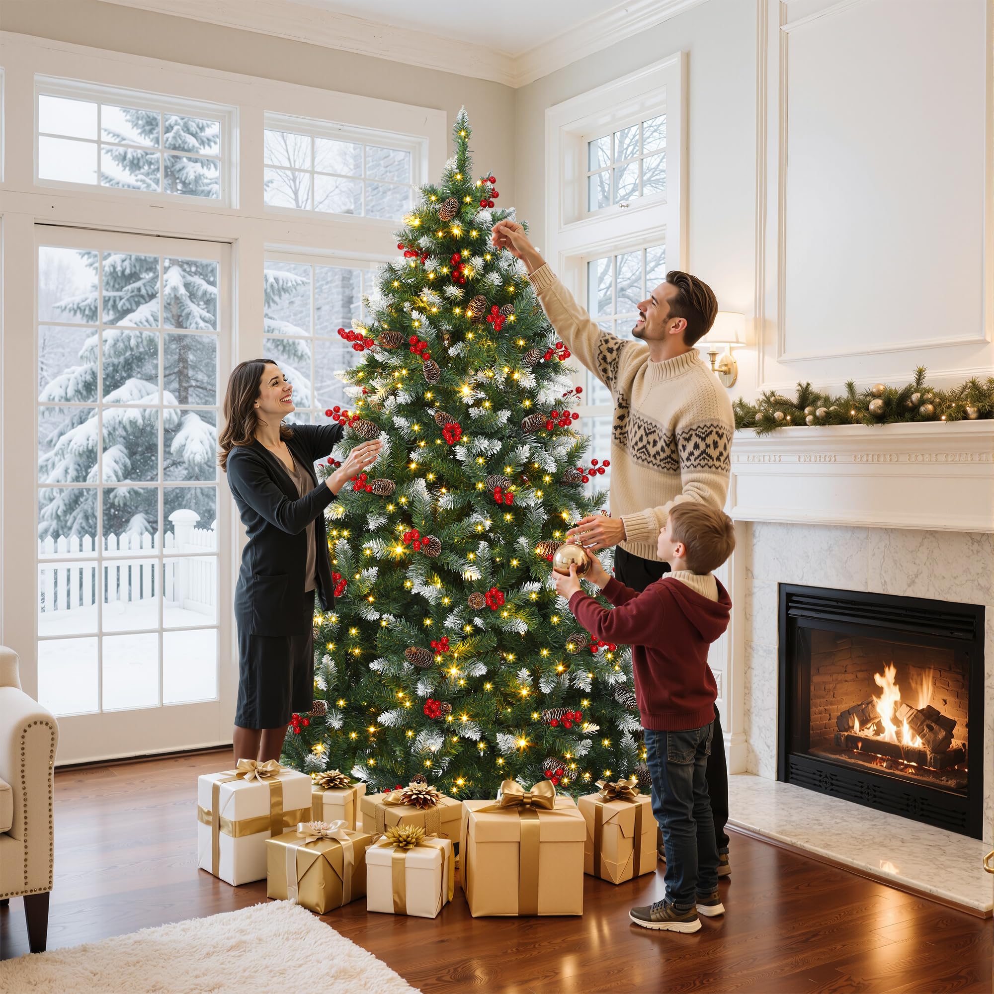 GOOBED Prelit Pre-Decorated Green Christmas Tree 9ft w/Remote Control, Pre-Lit Hinged Artificial Xmas Tree w/ 2058 Partially Fro