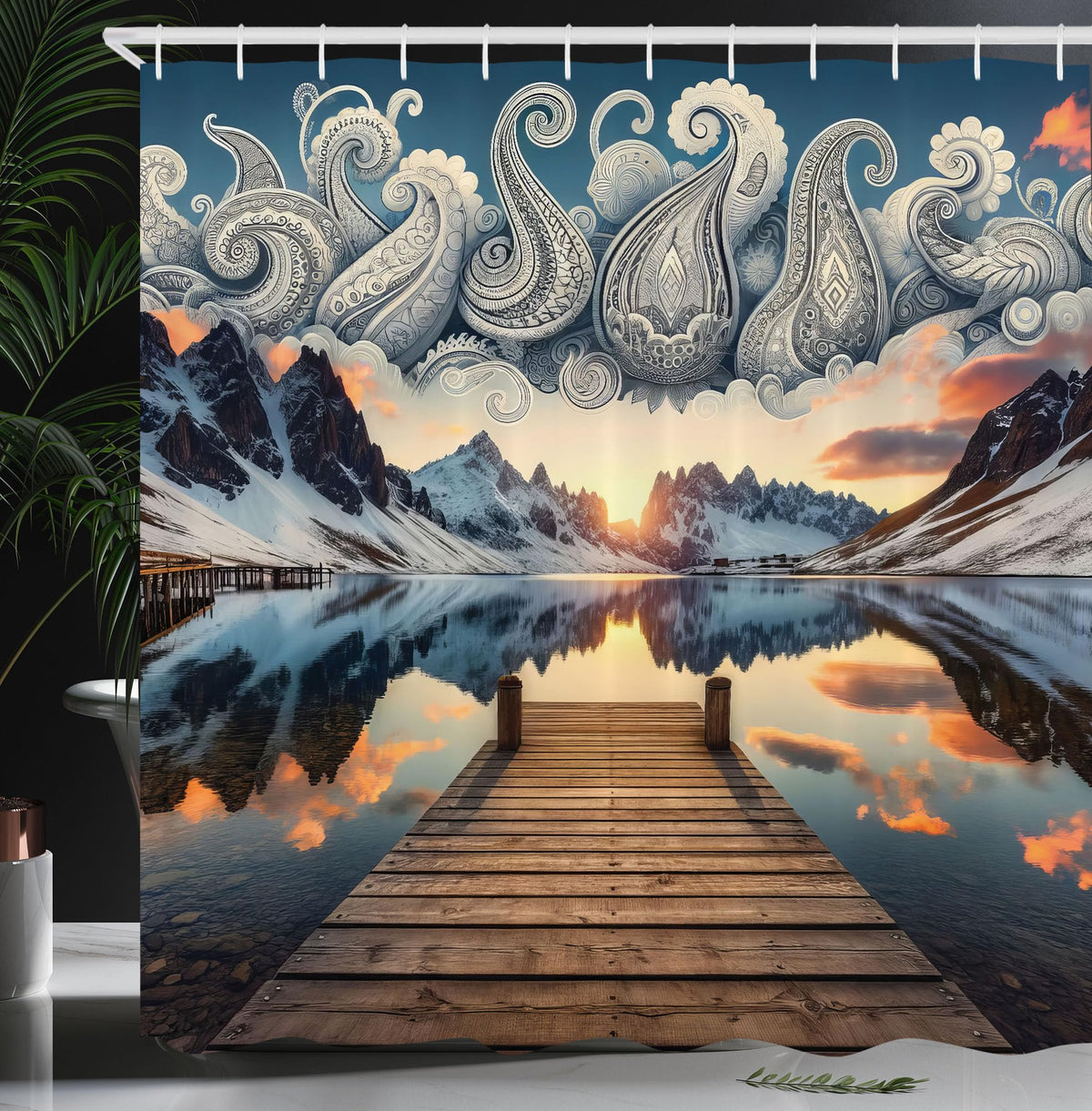 Ambesonne Lake Shower Curtain, Sunset Over Snowy Mountains And Pier Traditional Paisley Motifs In The Sky, Cloth Fabric Bathroom
