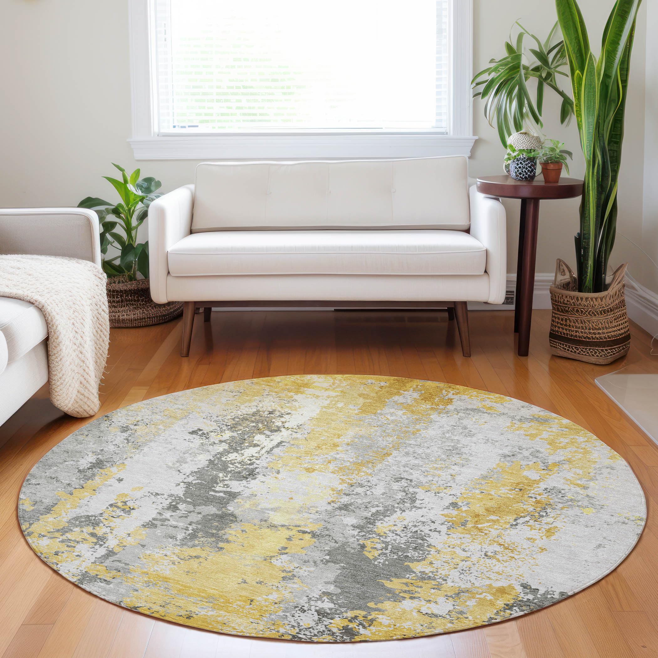 Machine Washable Indoor/Outdoor Chantille Yellow 8 x 8 Round Rug