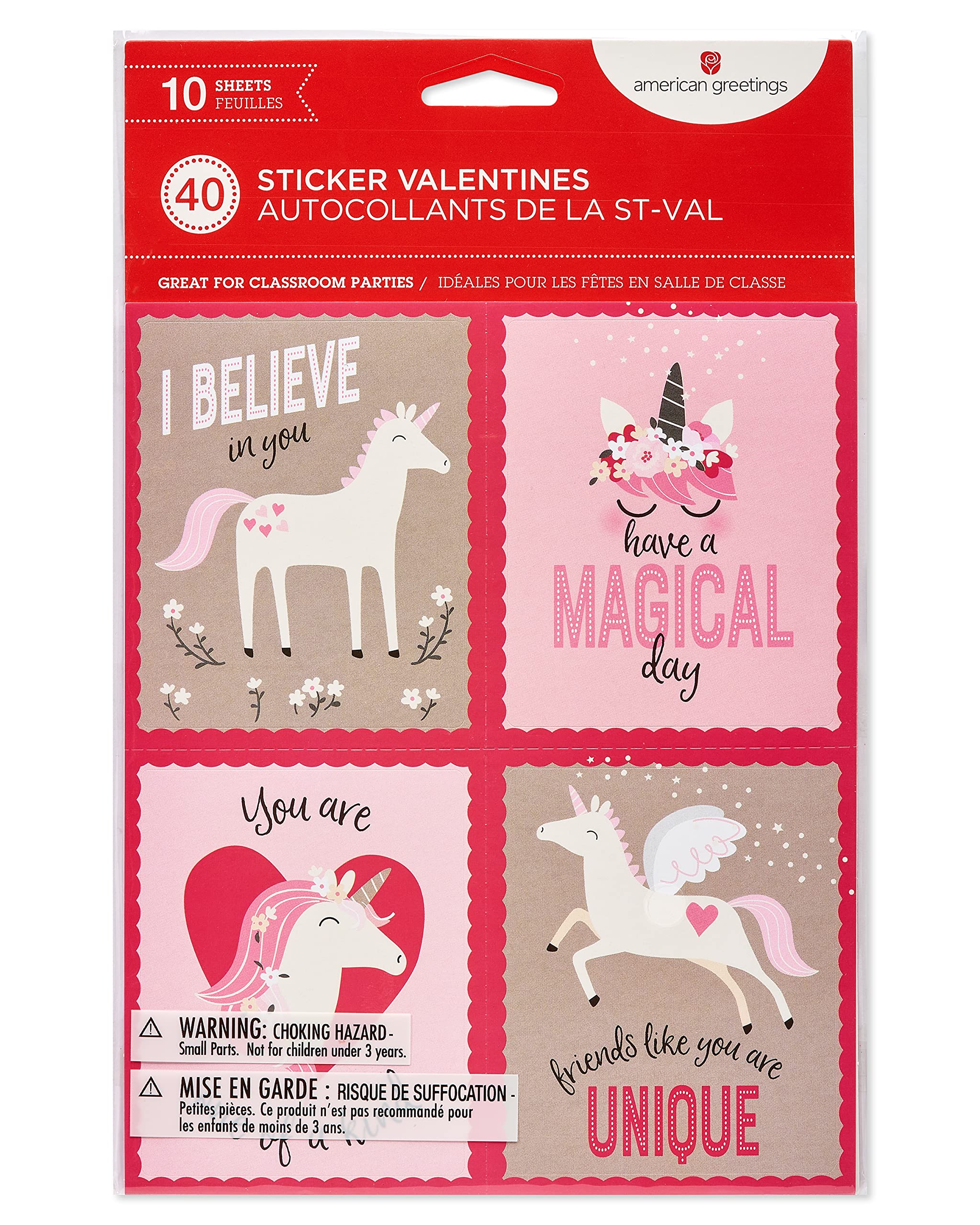 American Greetings Valentines Day Cards For Kids Classroom With Stickers, Unicorn (40-Count)