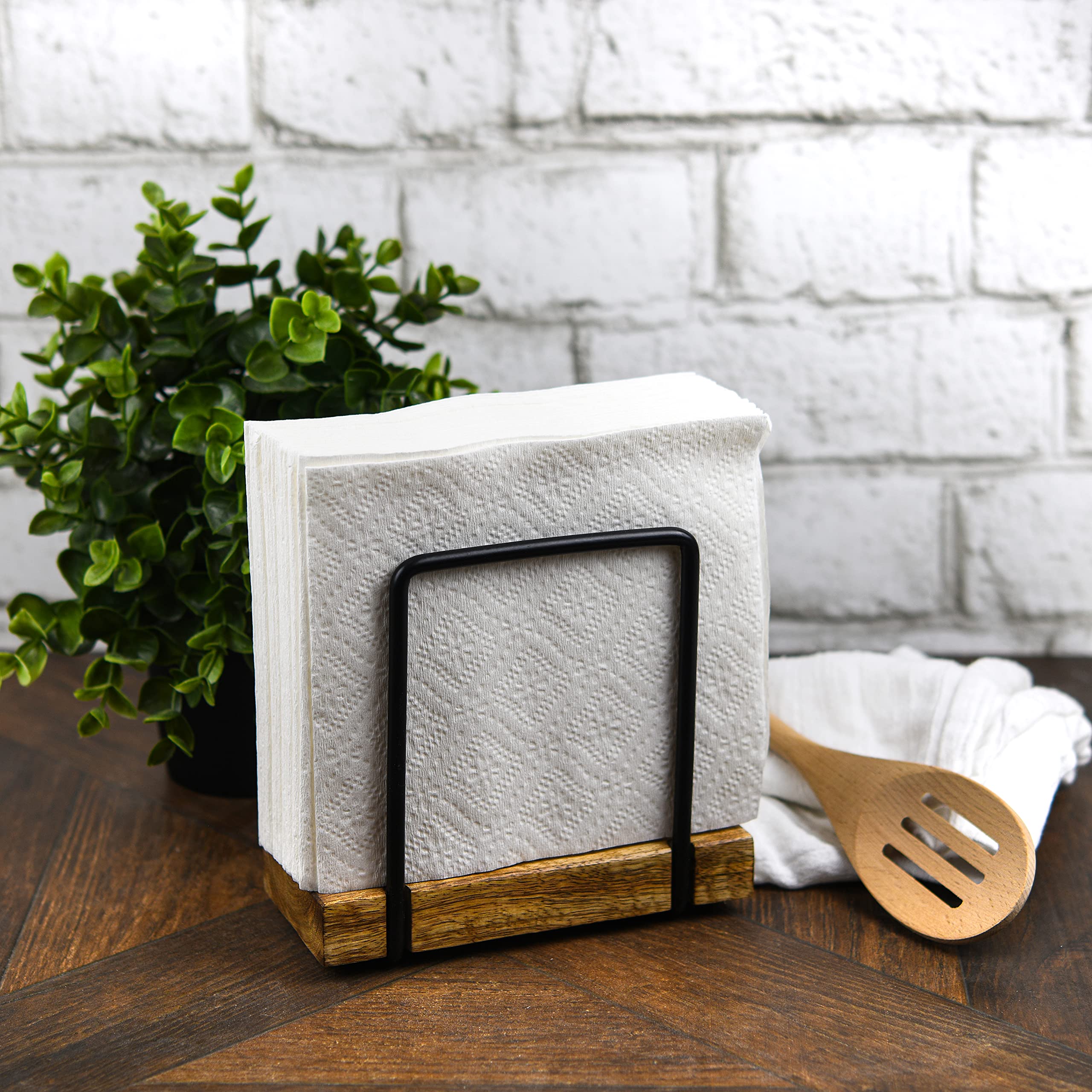 Tribello Modern Farmhouse Napkin Holder, Standing Vintage Napkin Holder For Tables, Steel And Wooden Base Kitchen & Dining Room