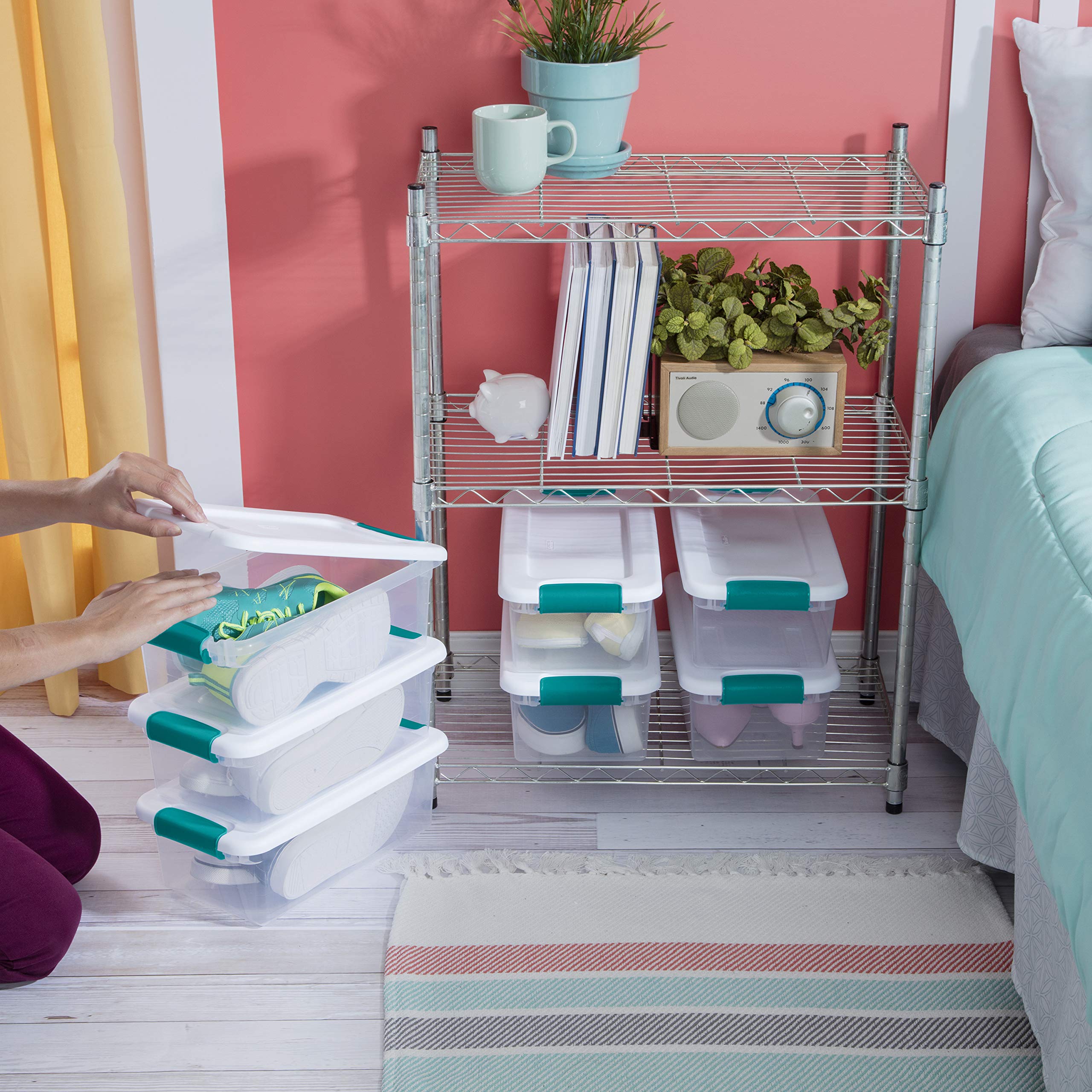 Sterilite 6 Qt Latching Storage Box, Stackable Bin With Latch Lid, Plastic Container To Organize Shoes On Closet Shelf, Clear Wi