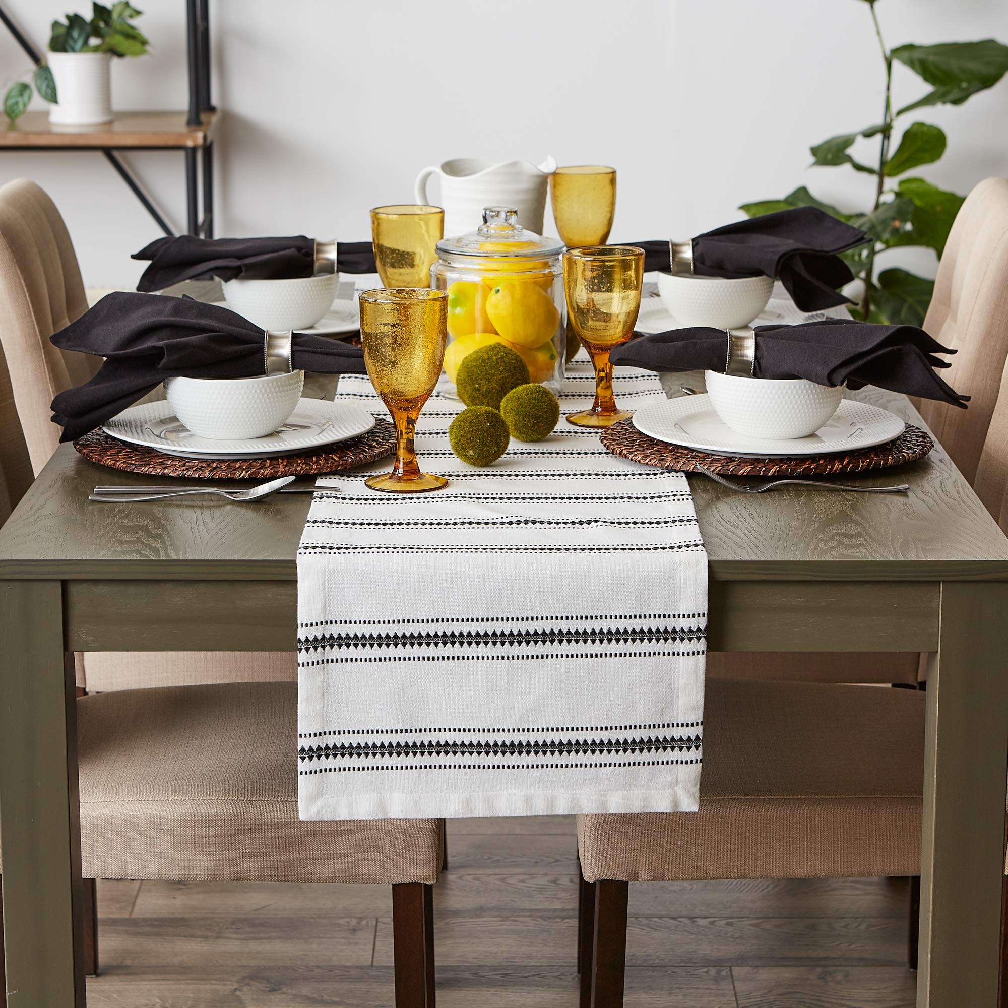 Dii Zig Dobby Tabletop Collection, White Cotton Background With Embellished Stripe, Table Runner, 14X108, Black