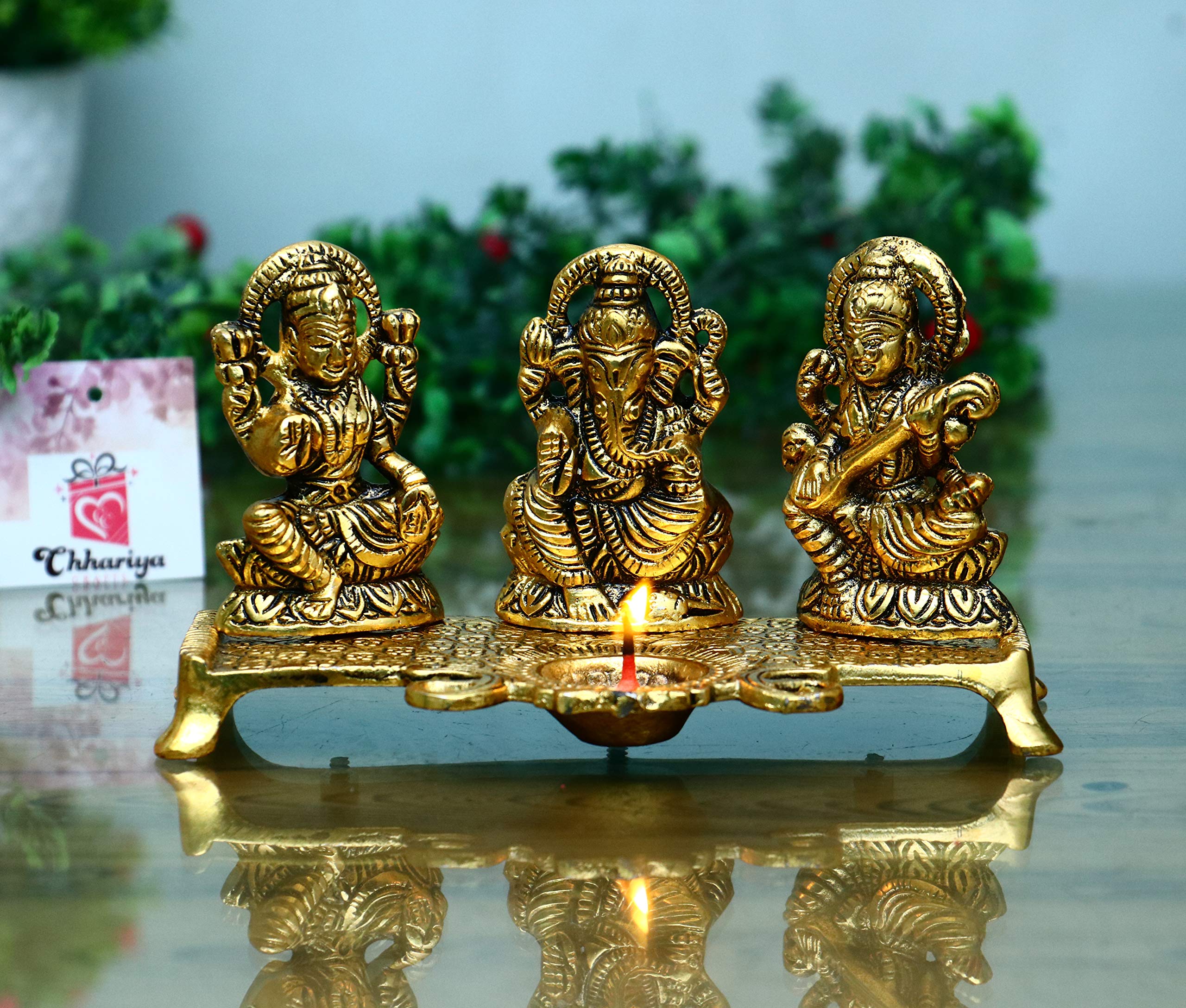 Chhariya Crafts Laxmi Ganesh Saraswati With Diya Decorative Showpiece - 19 Cm (Metal, Gold)