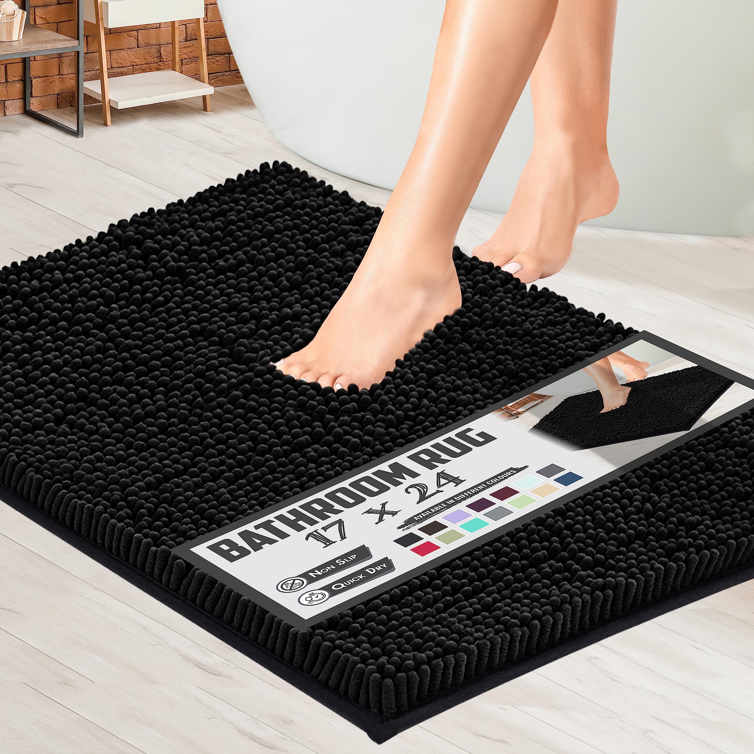 Soft Plush Chenille Bathroom Rug, Absorbent Microfiber Bath Mat, Machine Washable, Non-Slip Grip, Quick-Dry, Thick Shag Carpet (