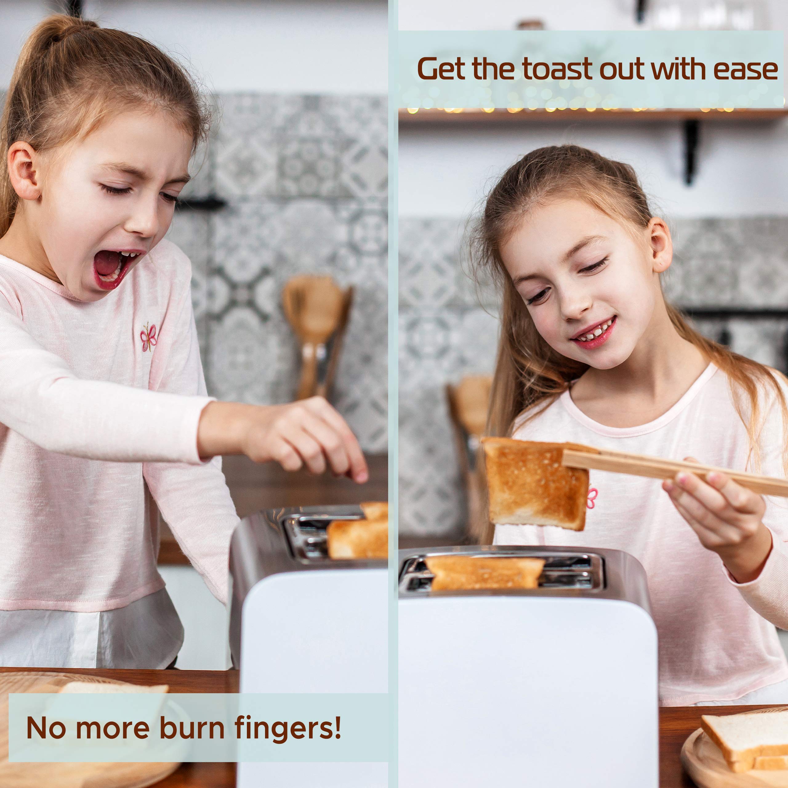 Wooden Toaster Tongs 2 Pcs | Bamboo Kitchen Utensils For Cooking & Holding Toast Bacon Muffin Fruits, Pickles, Cheese Bagel Brea