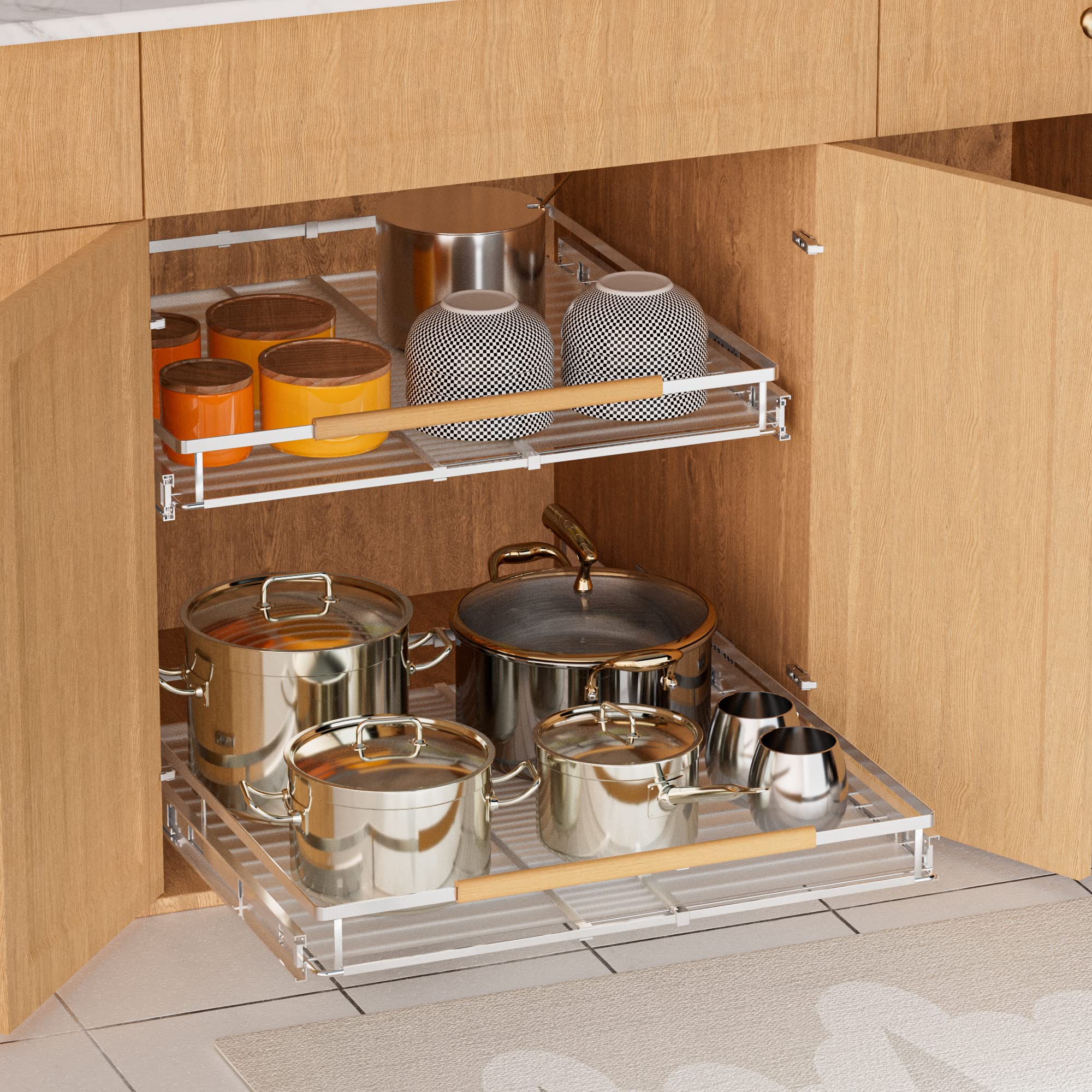 Sanno Pull Out Cabinet Organizer, Slide Out Cabinet Shelf,Under Sink Slide Out Cabinet Organizer, Pots Pans Organizer Smooth Rol