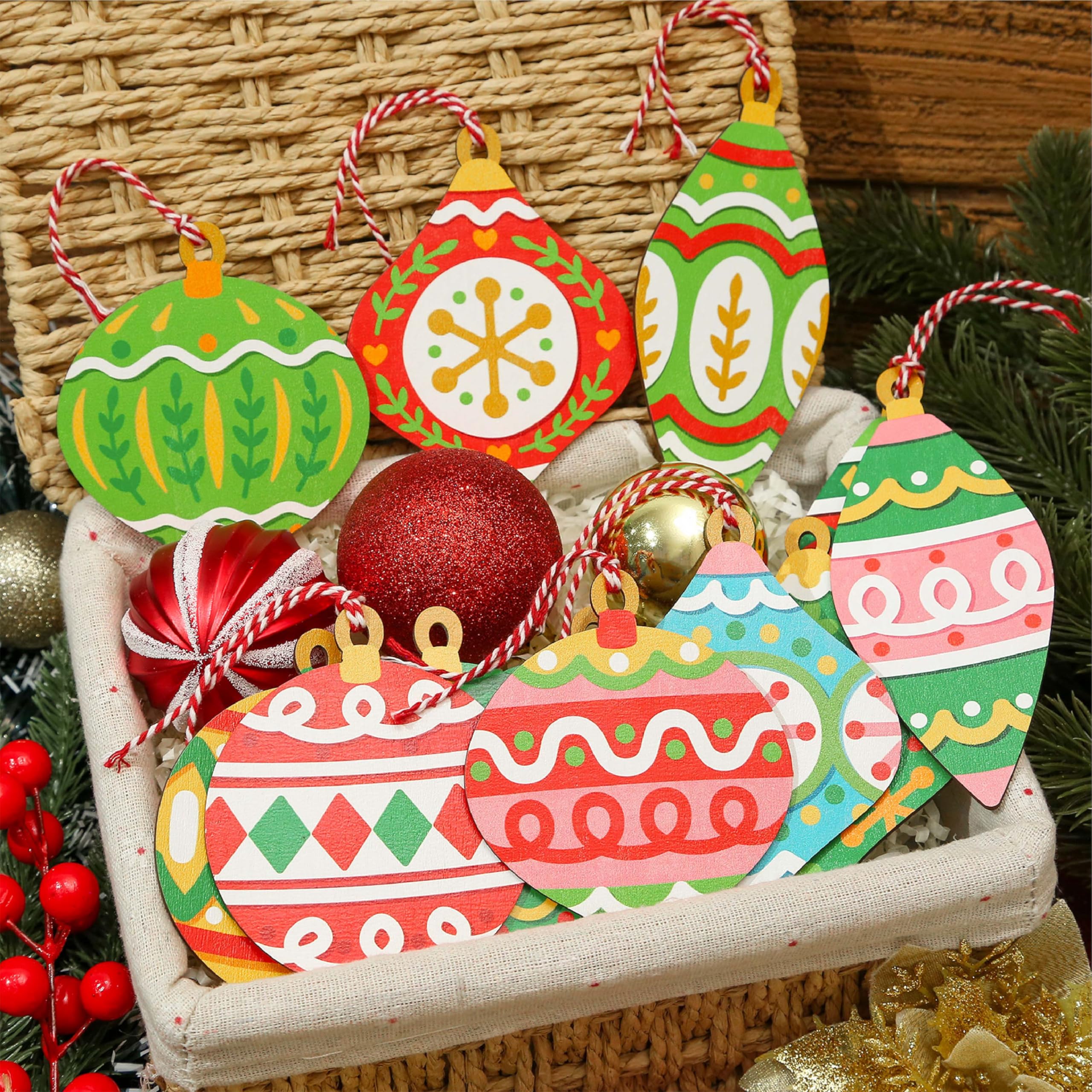 24 PCS Wooden Christmas Ornaments, 12 Styles Printed Christmas Tree Hanging Ornaments with Strings, Holiday Party Favors, Gift T