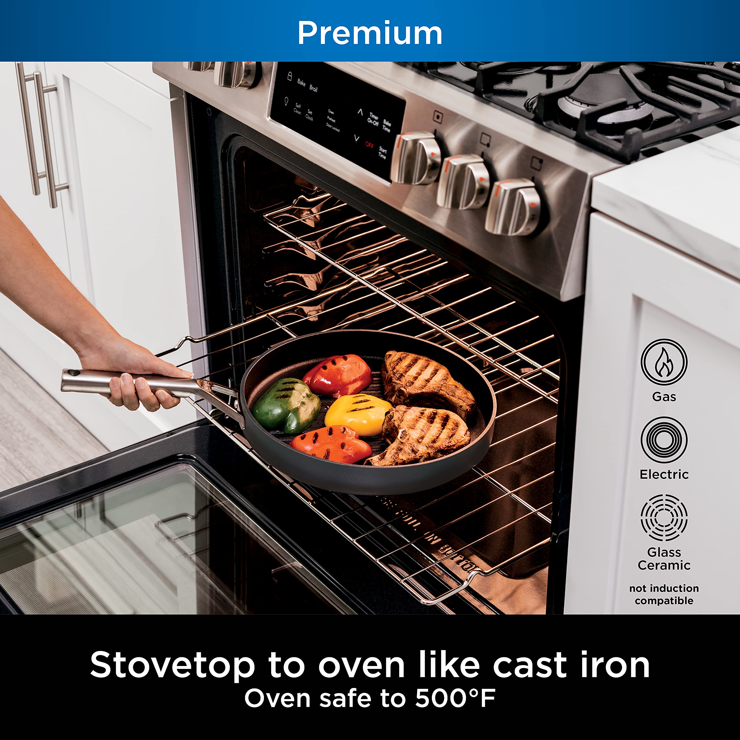 Ninja C30530 Foodi Neverstick Premium 12-Inch Round Grill Pan, Hard-Anodized, Nonstick, Durable & Oven Safe To 500F, Slate Grey